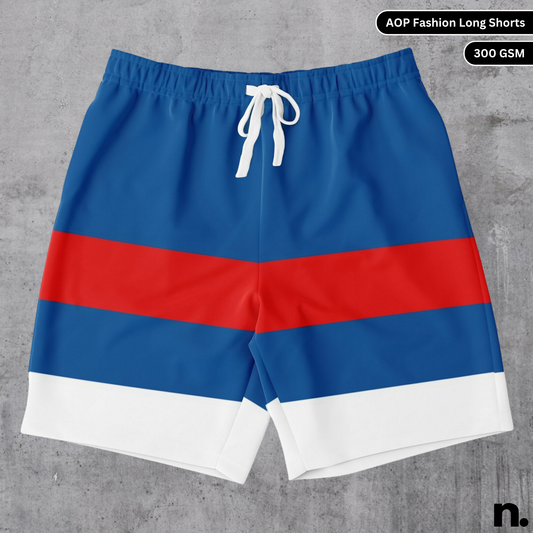 Flat lay of long shorts featuring bold racing livery stripes pattern in a motorsport-inspired design
