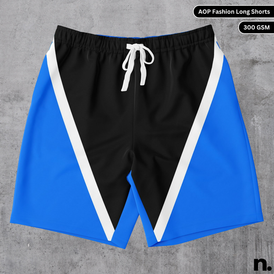 Flat lay image of dual-color striped long shorts with bold symmetrical stripe pattern and streetwear aesthetic