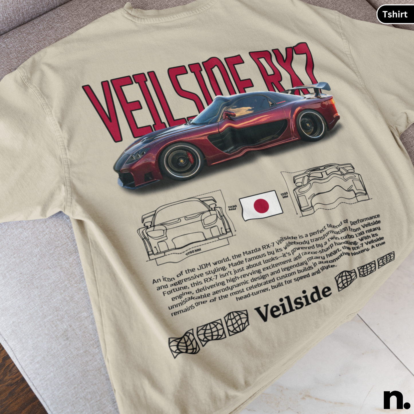 flat lay mockup of veilside rx7 tshirt in sand color.