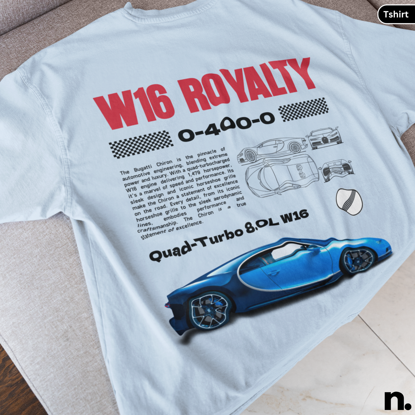 White t-shirt with blue car graphic and 'W16 Royalty' text on a light background