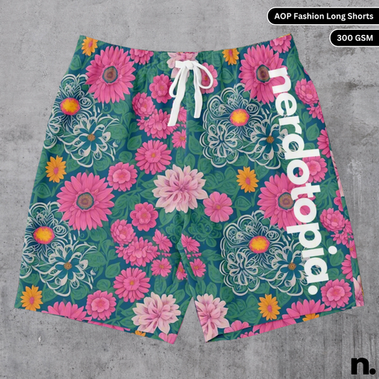 Flat Lay Mockup: A flat lay of men's shorts with an all-over floral pattern showcasing the drawstring and pockets.