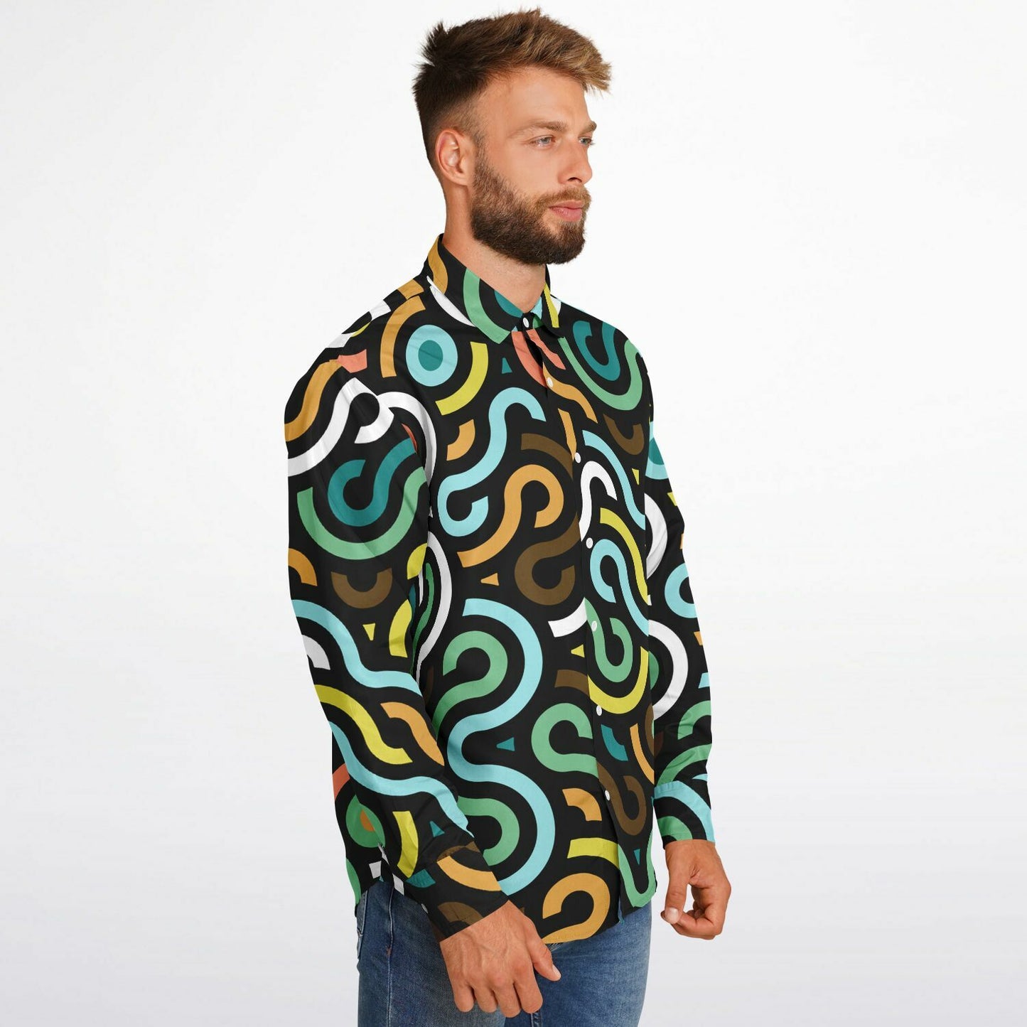 Colored Doodle Art Long Sleeve Button Down Shirt - AOP