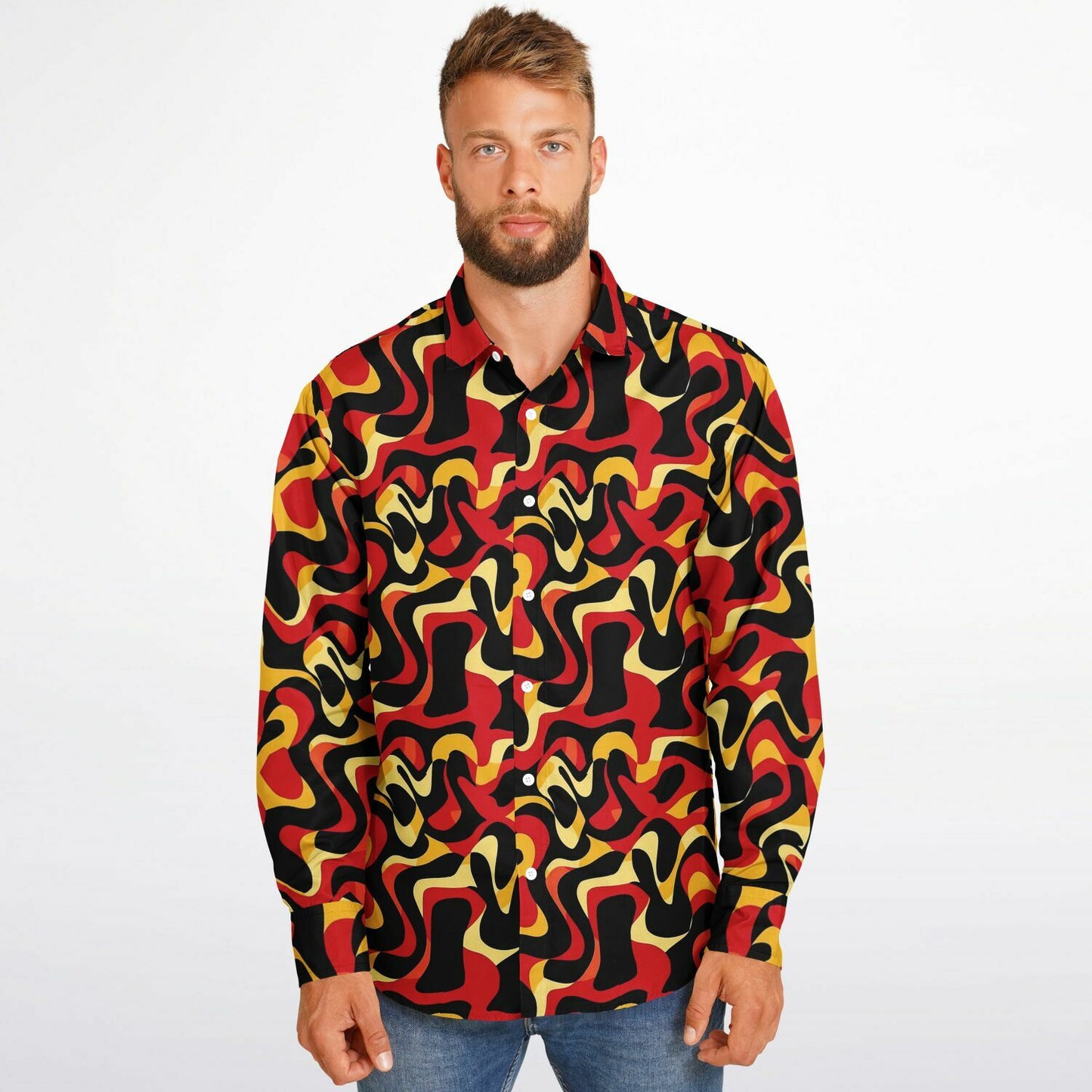 Orange Yellow Abstract Pattern Long Sleeve Button Down Shirt - AOP
