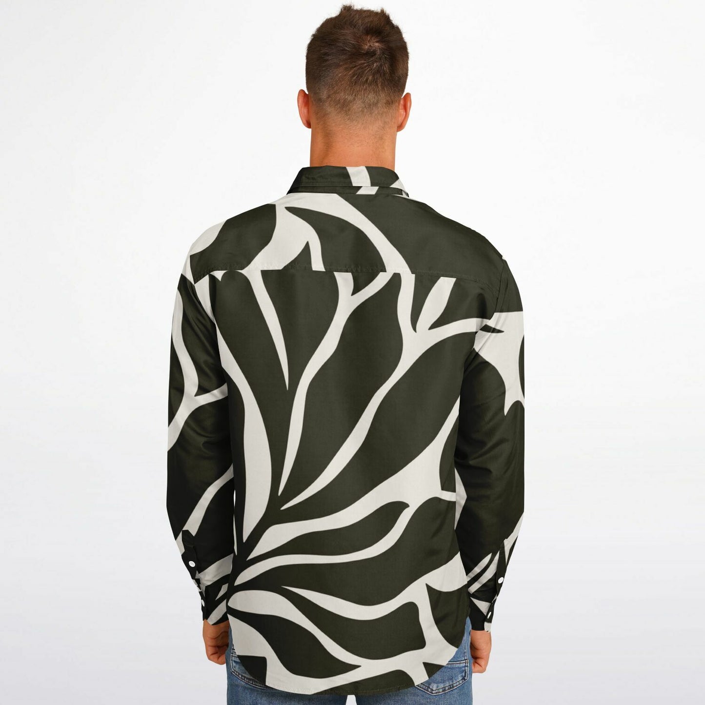 Black and White Leaves Pattern Long Sleeve Button Down Shirt - AOP