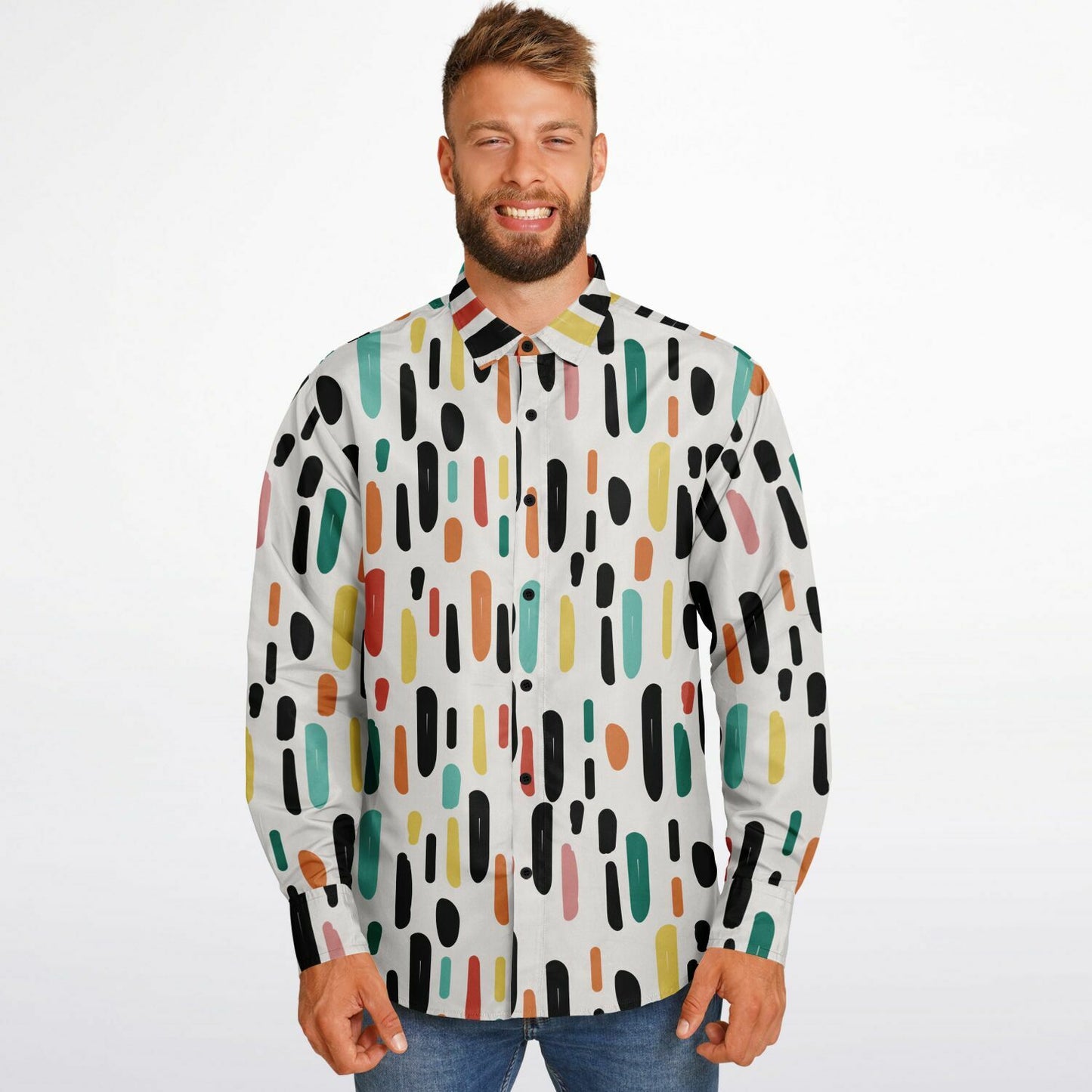 Colored Brush Strokes Long Sleeve Button Down Shirt - AOP