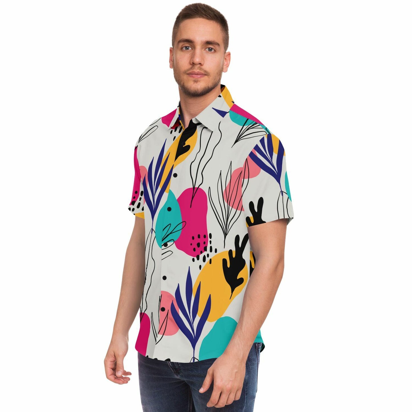 Abstract Floral Colored Pattern Short Sleeve Button Down Shirt - AOP