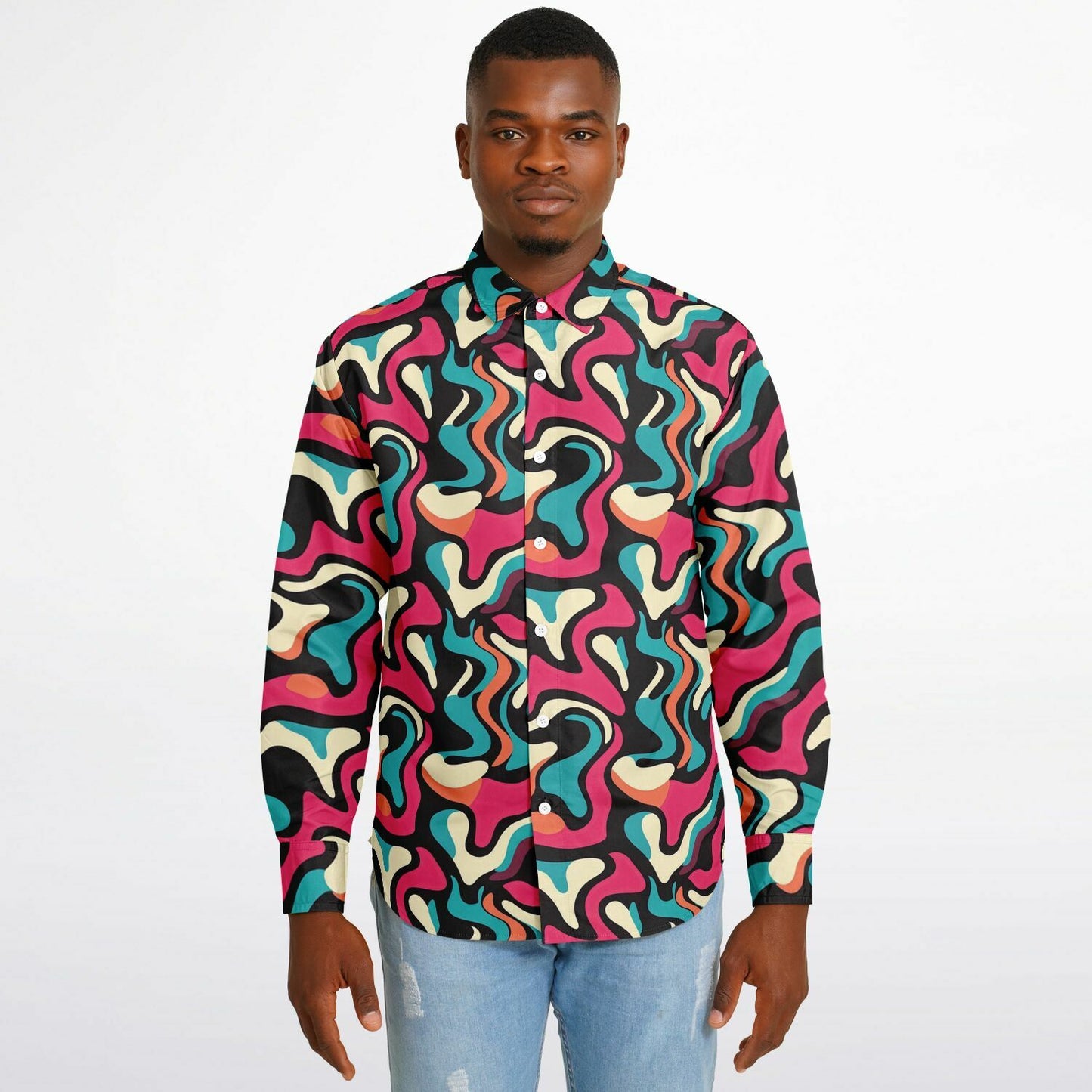Red Blue Pattern Long Sleeve Button Down Shirt - AOP