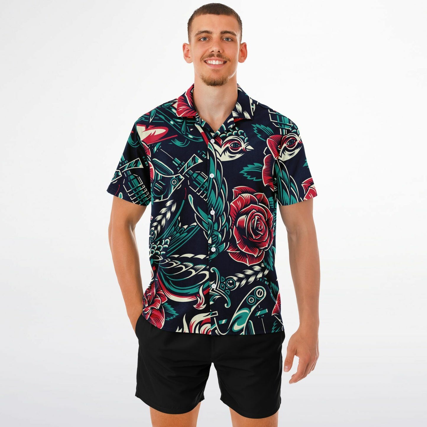 Product mockup on male model front.