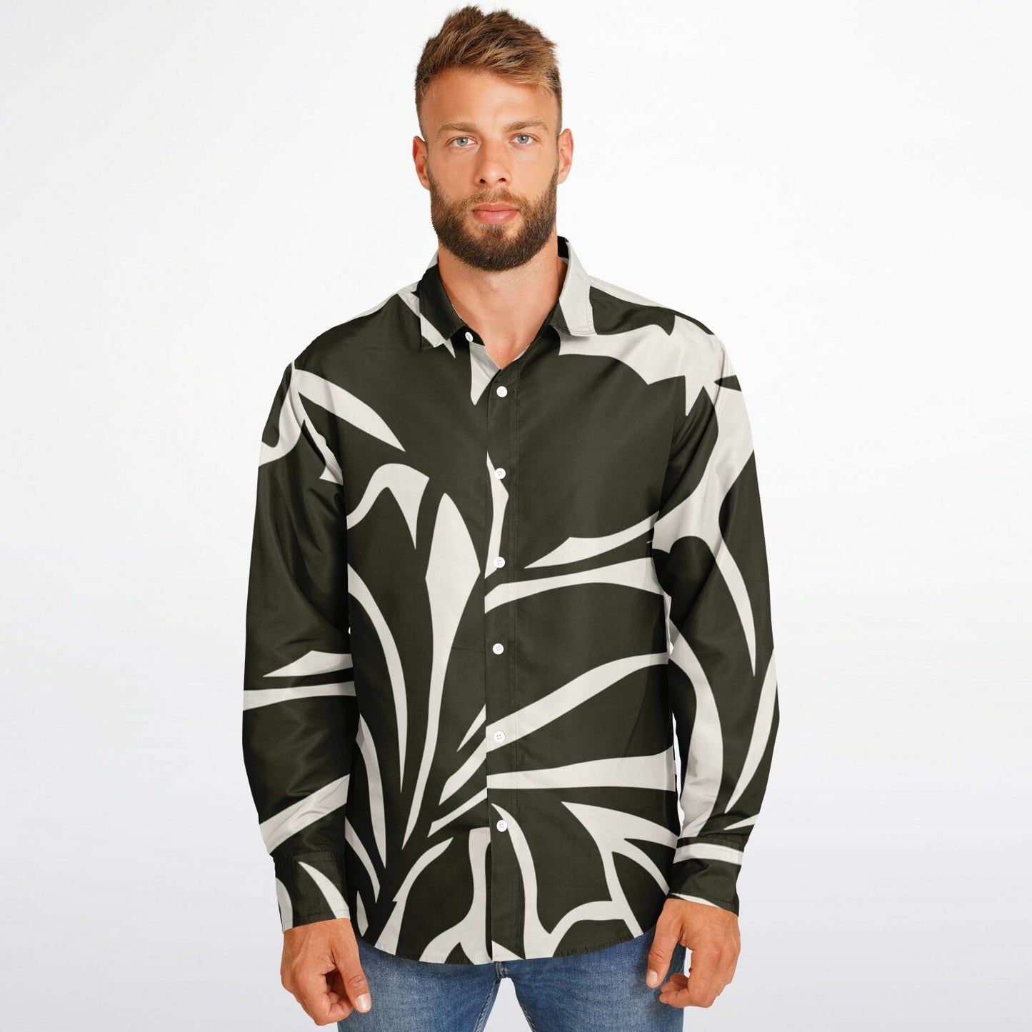 Black and White Leaves Pattern Long Sleeve Button Down Shirt - AOP