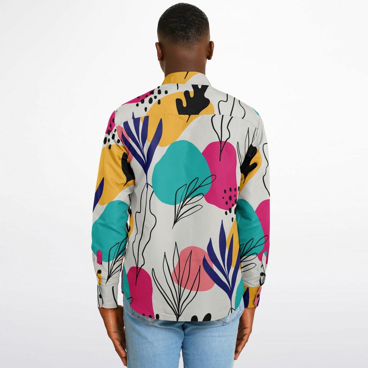 Abstract Floral Colored Pattern Long Sleeve Button Down Shirt - AOP