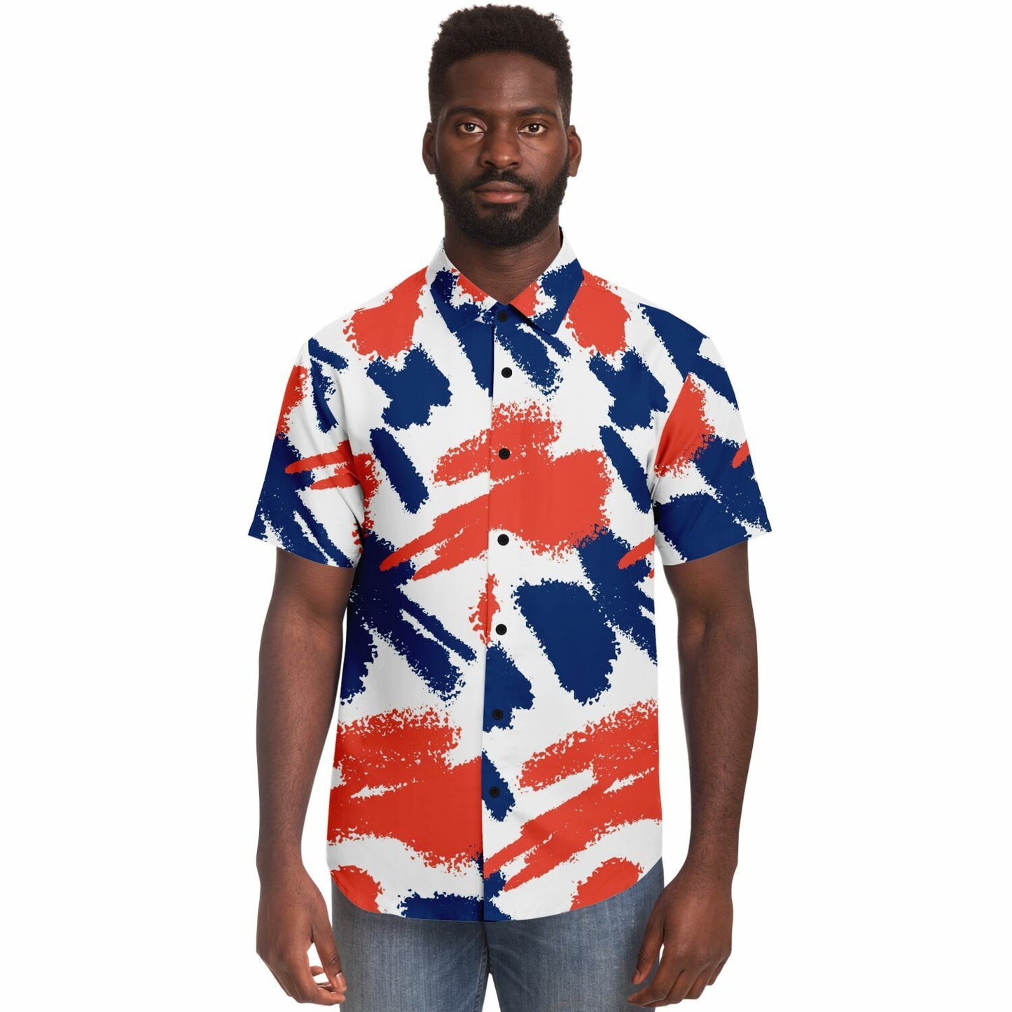 Red Blue Brushstroke Short Sleeve Button Down Shirt - AOP