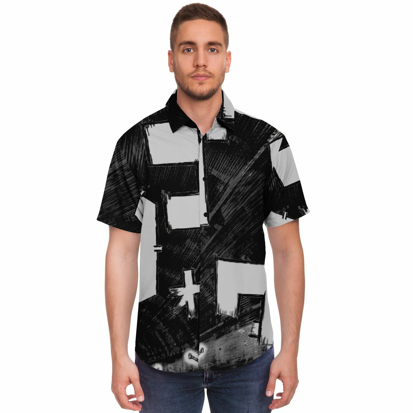 Bimmer Supra Illustration Short Sleeve Button Down Shirt - AOP