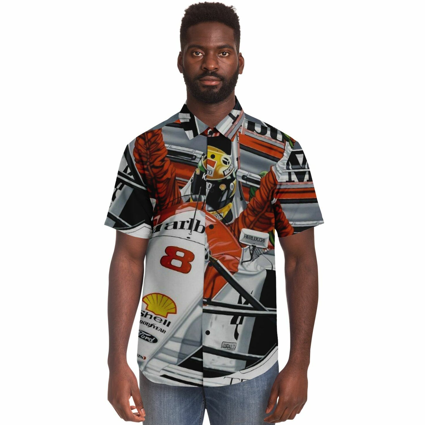 F1 Win Poster Short Sleeve Button Down Shirt - AOP