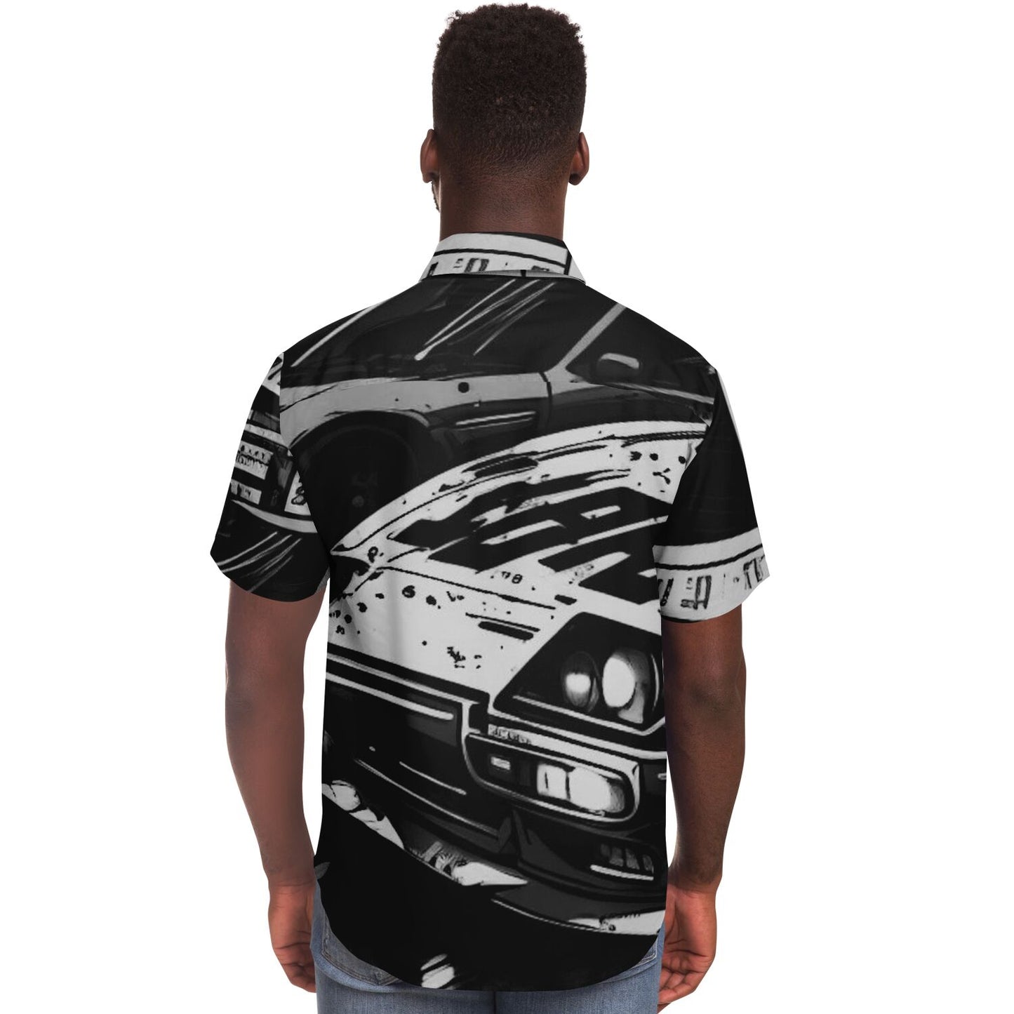 Black and White JDM Art Short Sleeve Button Down Shirt - AOP