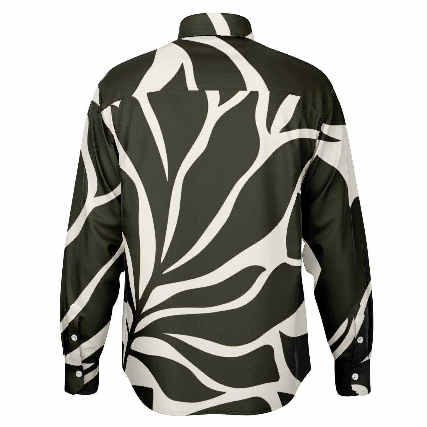 Black and White Leaves Pattern Long Sleeve Button Down Shirt - AOP