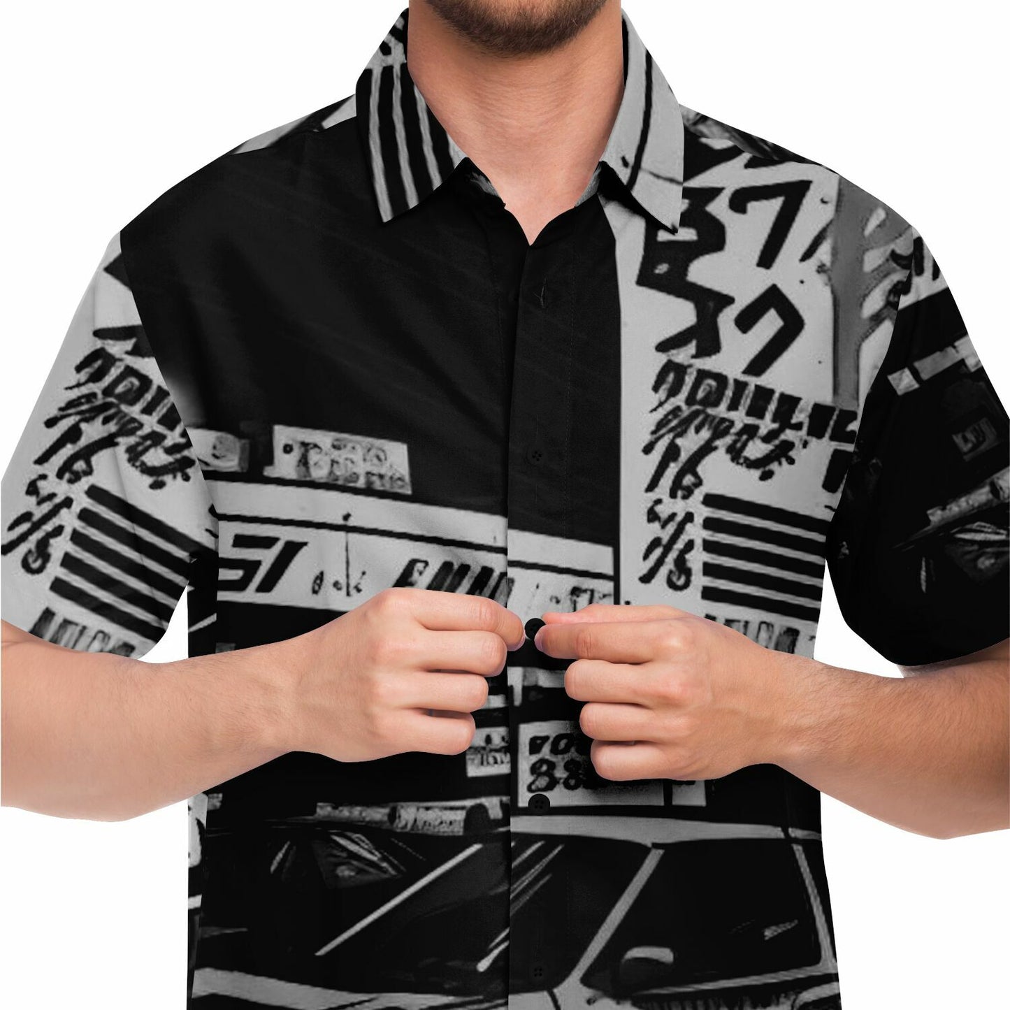 Black and White JDM Art Short Sleeve Button Down Shirt - AOP