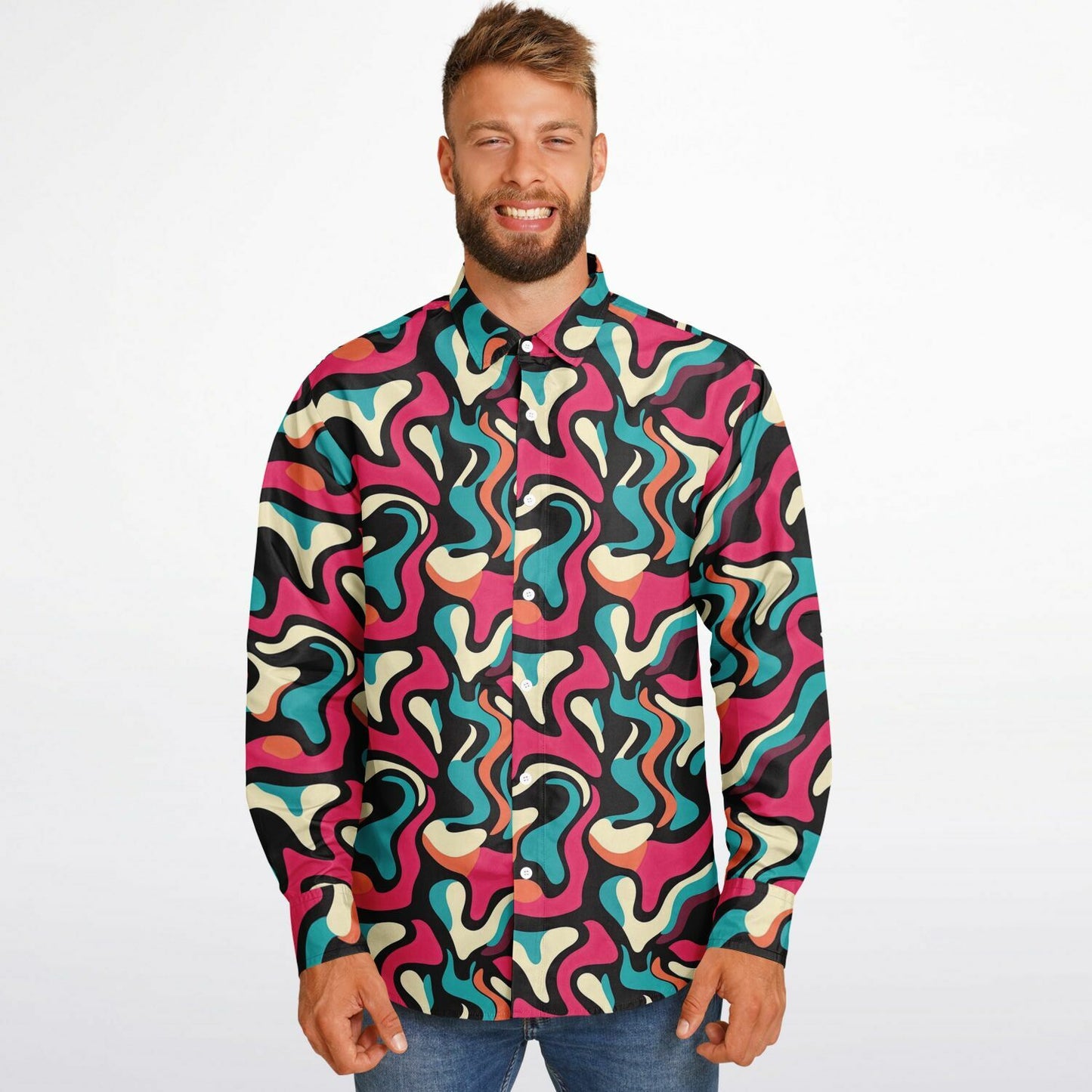 Red Blue Pattern Long Sleeve Button Down Shirt - AOP