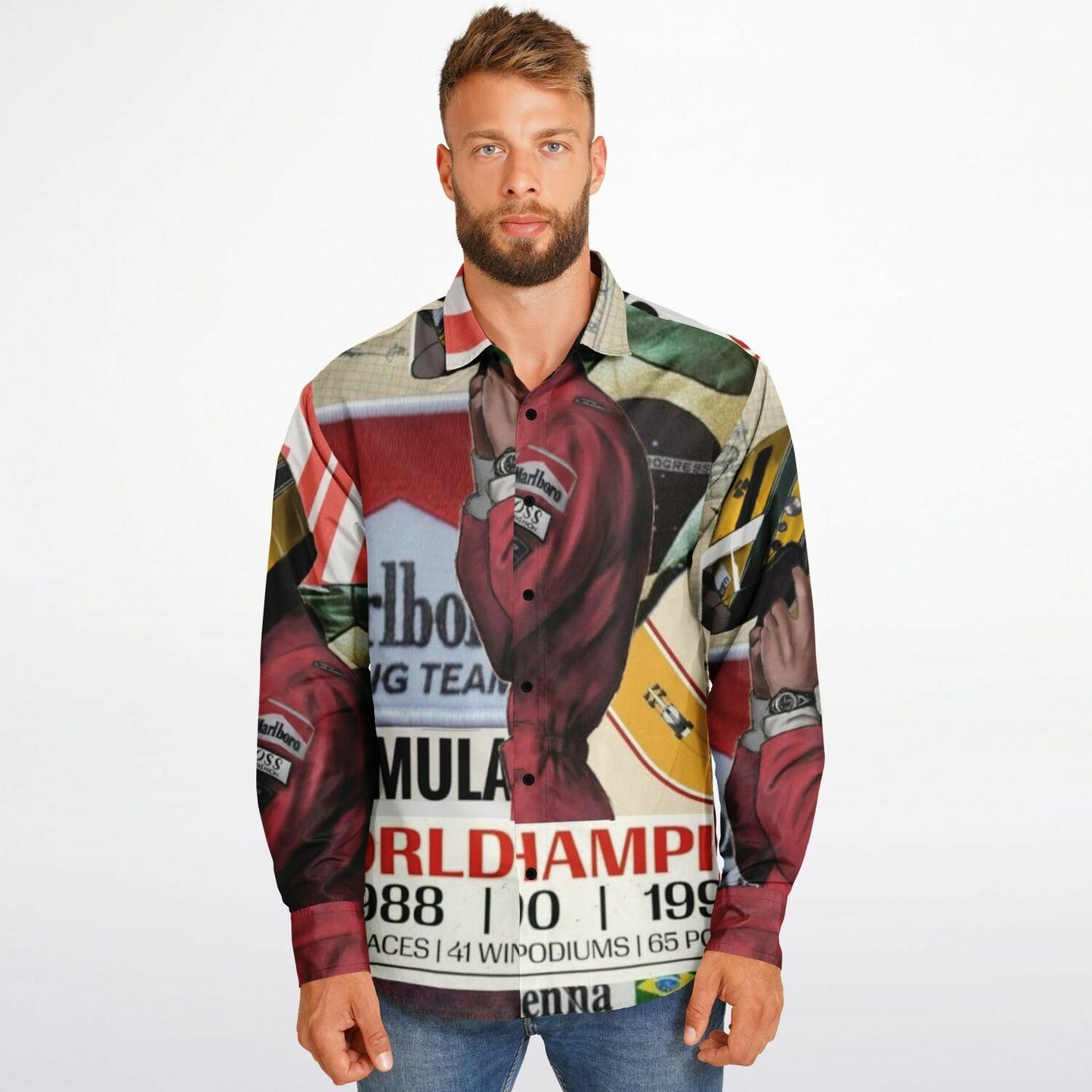 Senna F1 Poster Long Sleeve Button Down Shirt - AOP