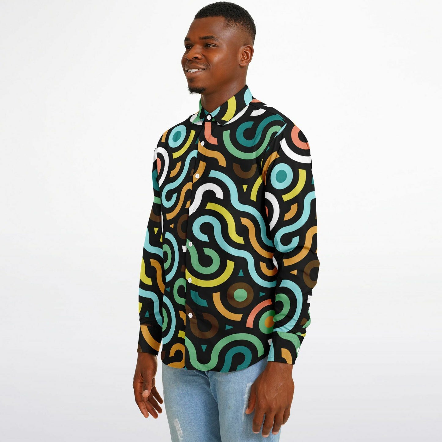 Colored Doodle Art Long Sleeve Button Down Shirt - AOP