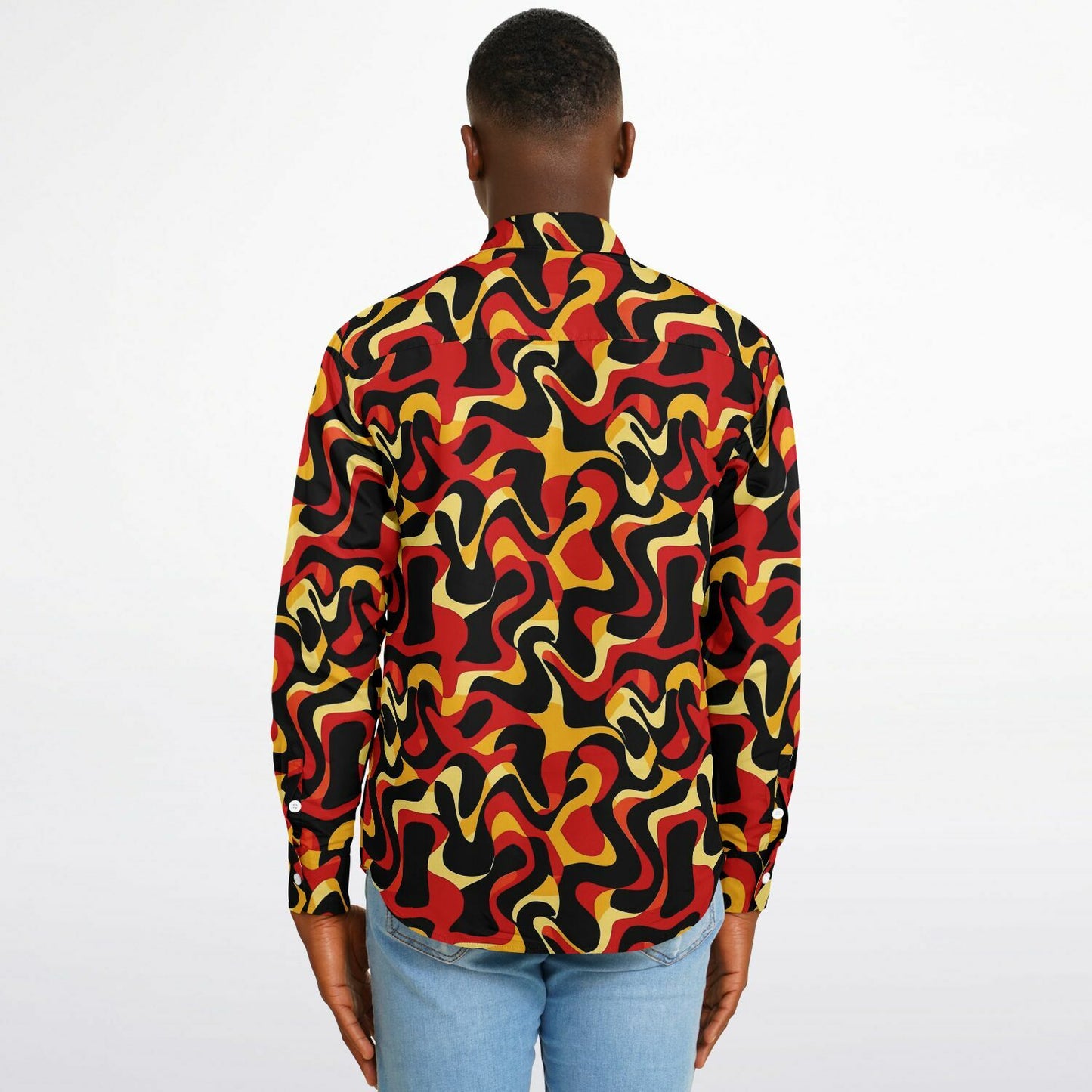 Orange Yellow Abstract Pattern Long Sleeve Button Down Shirt - AOP