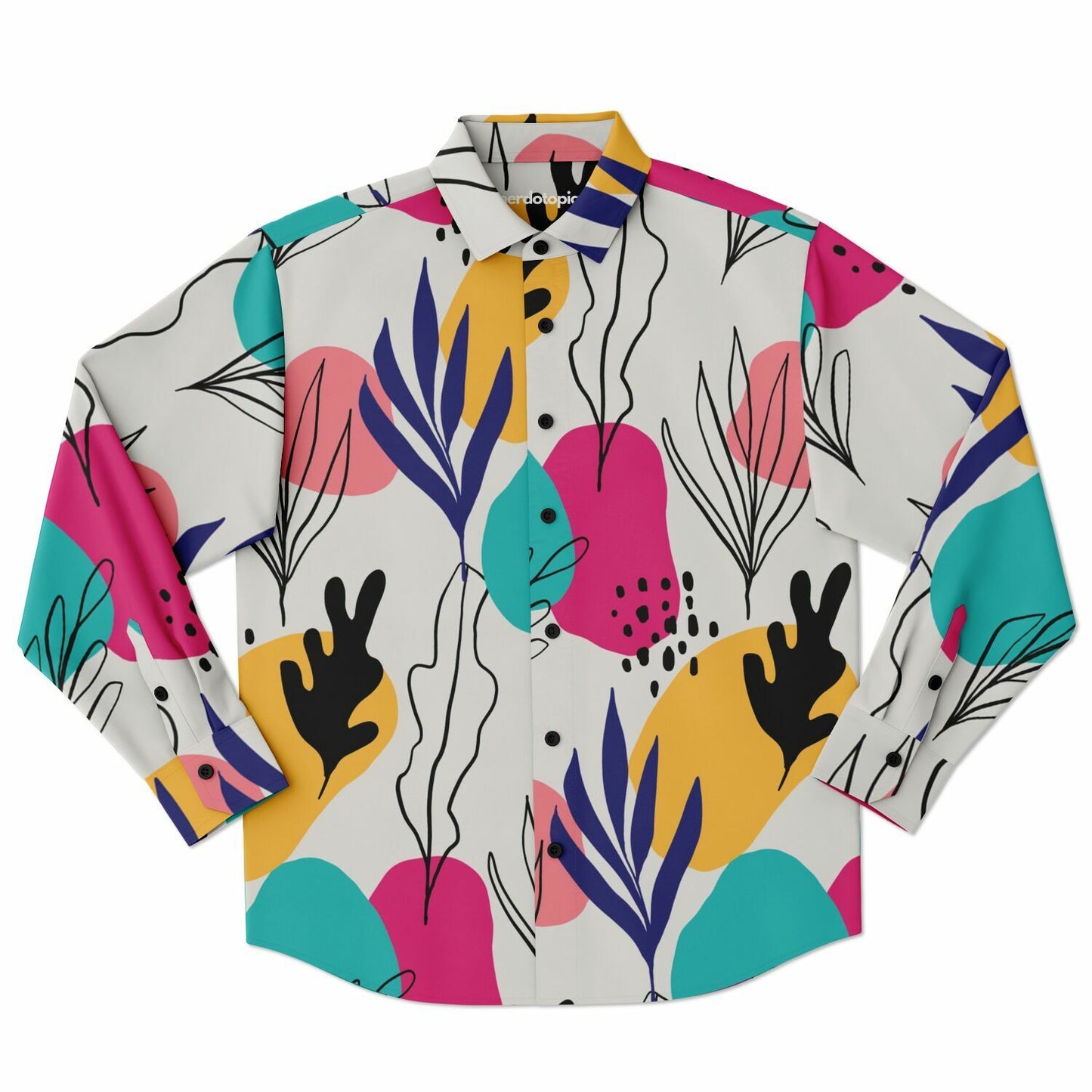 Abstract Floral Colored Pattern Long Sleeve Button Down Shirt - AOP