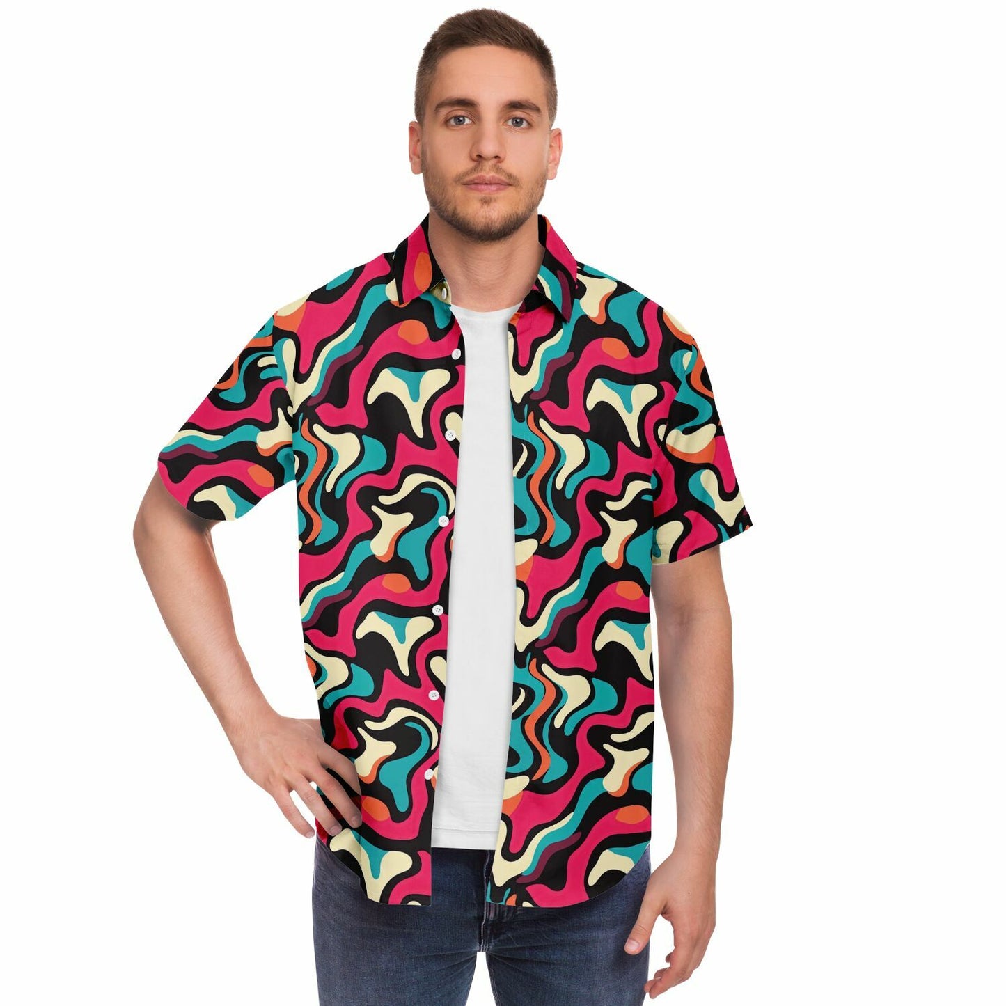 Red Blue Pattern Short Sleeve Button Down Shirt - AOP