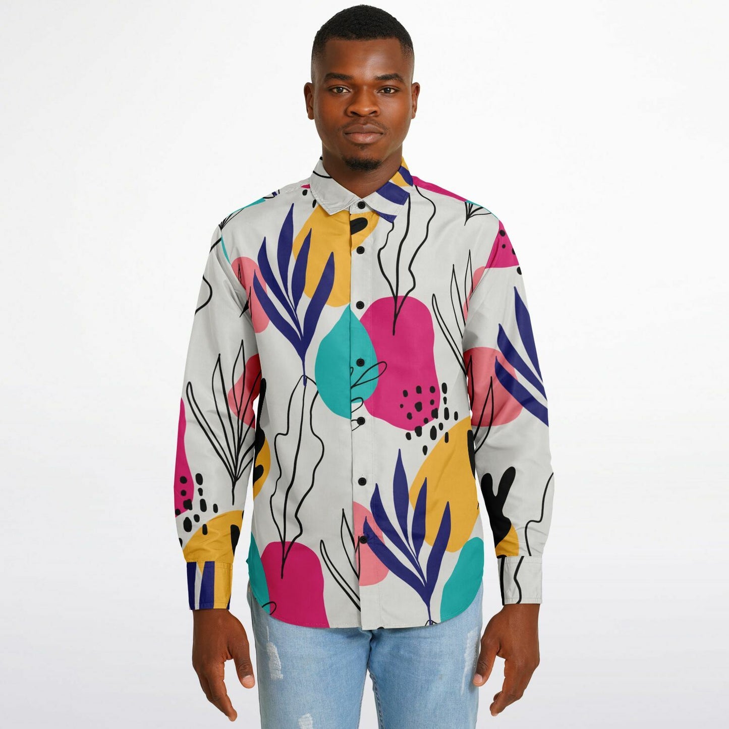 Abstract Floral Colored Pattern Long Sleeve Button Down Shirt - AOP
