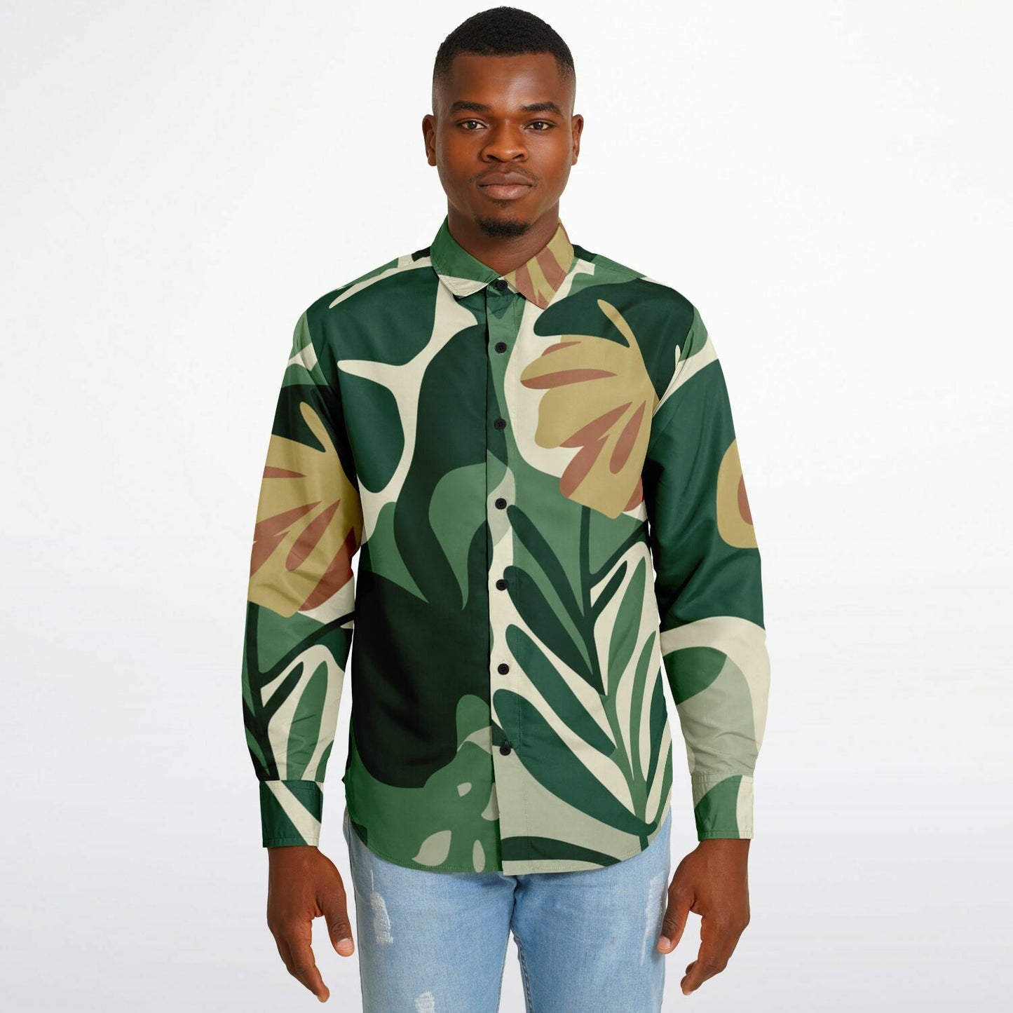 Floral Pattern Long Sleeve Button Down Shirt - AOP