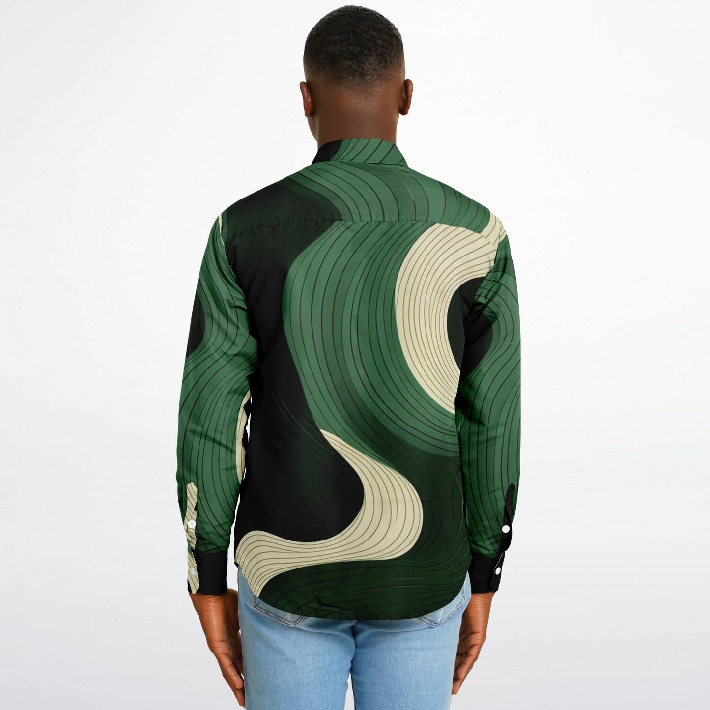 Royal Green Waves Pattern Long Sleeve Button Down Shirt - AOP