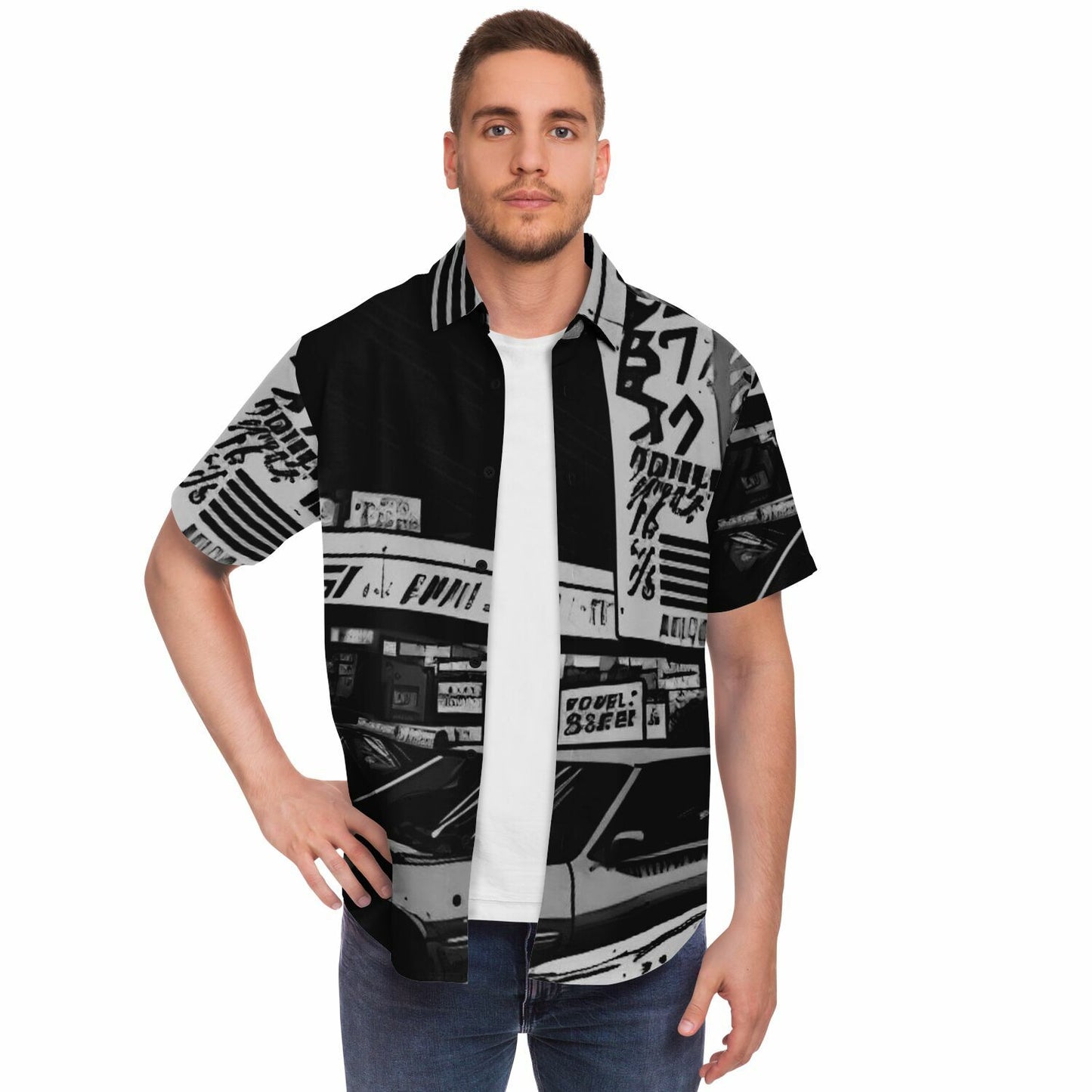 Black and White JDM Art Short Sleeve Button Down Shirt - AOP