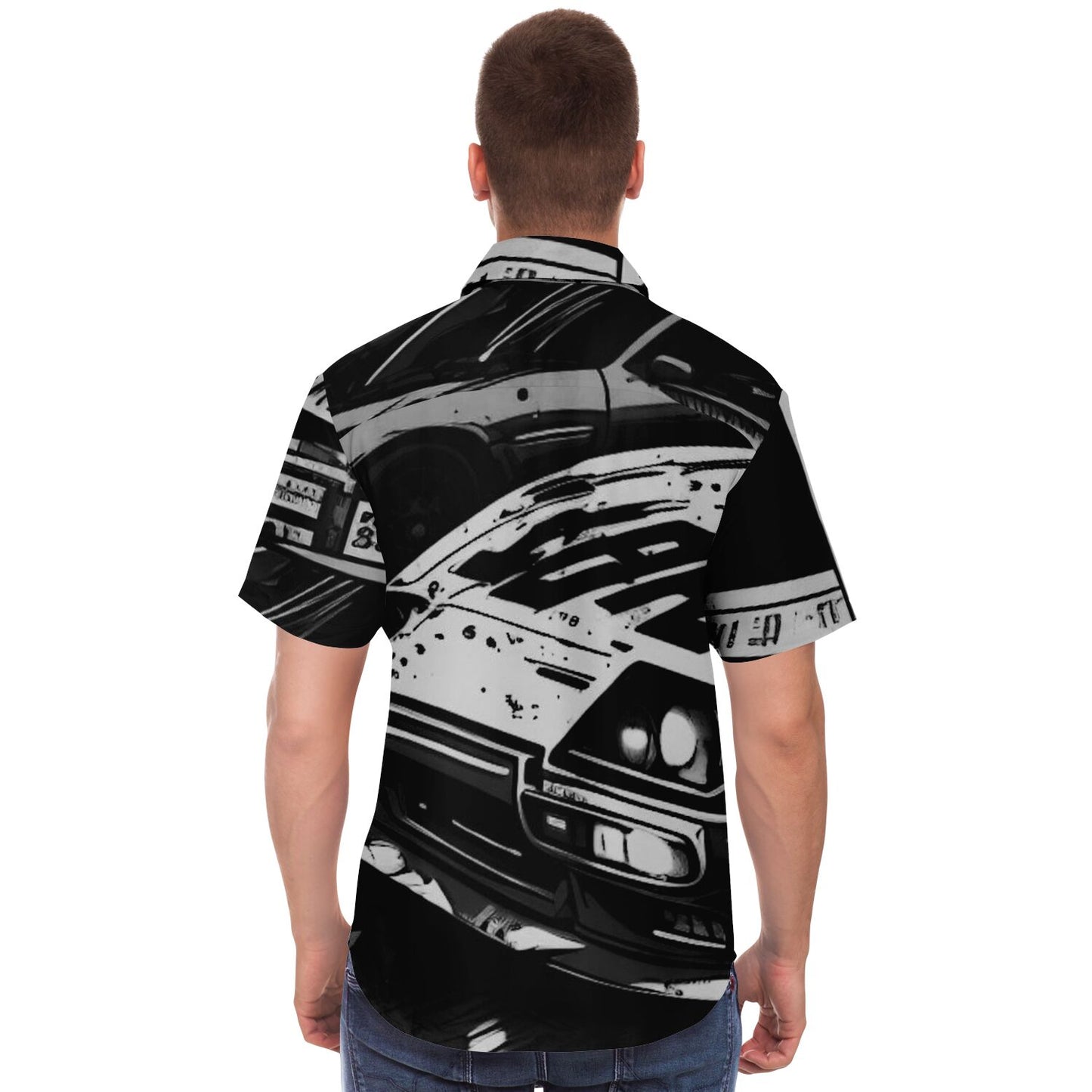 Black and White JDM Art Short Sleeve Button Down Shirt - AOP