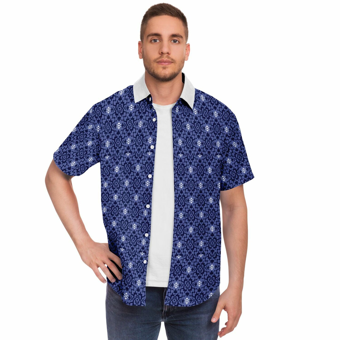 Purple Floral Seamless Pattern Short Sleeve Button Down Shirt - AOP