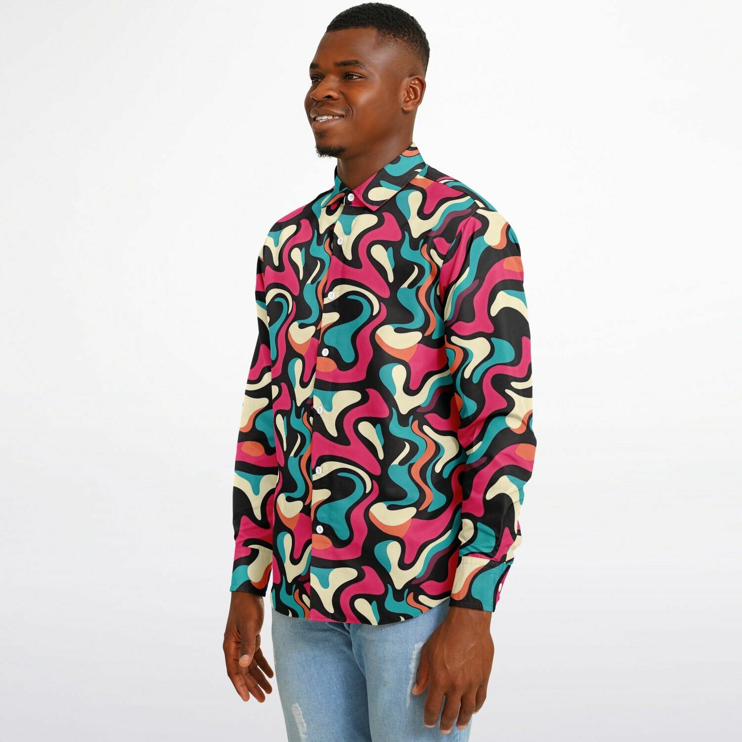 Red Blue Pattern Long Sleeve Button Down Shirt - AOP