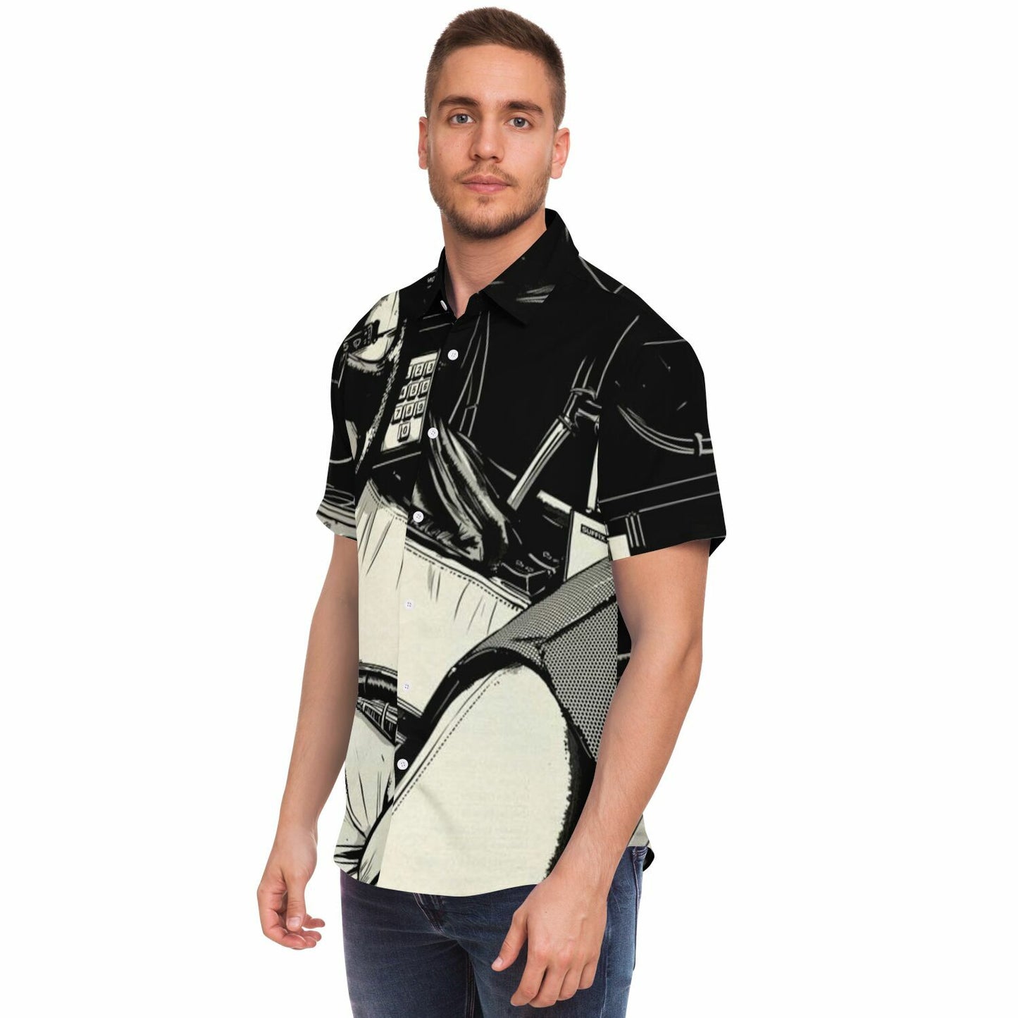 Delorean Time Machine Illustration Short Sleeve Button Down Shirt - AOP