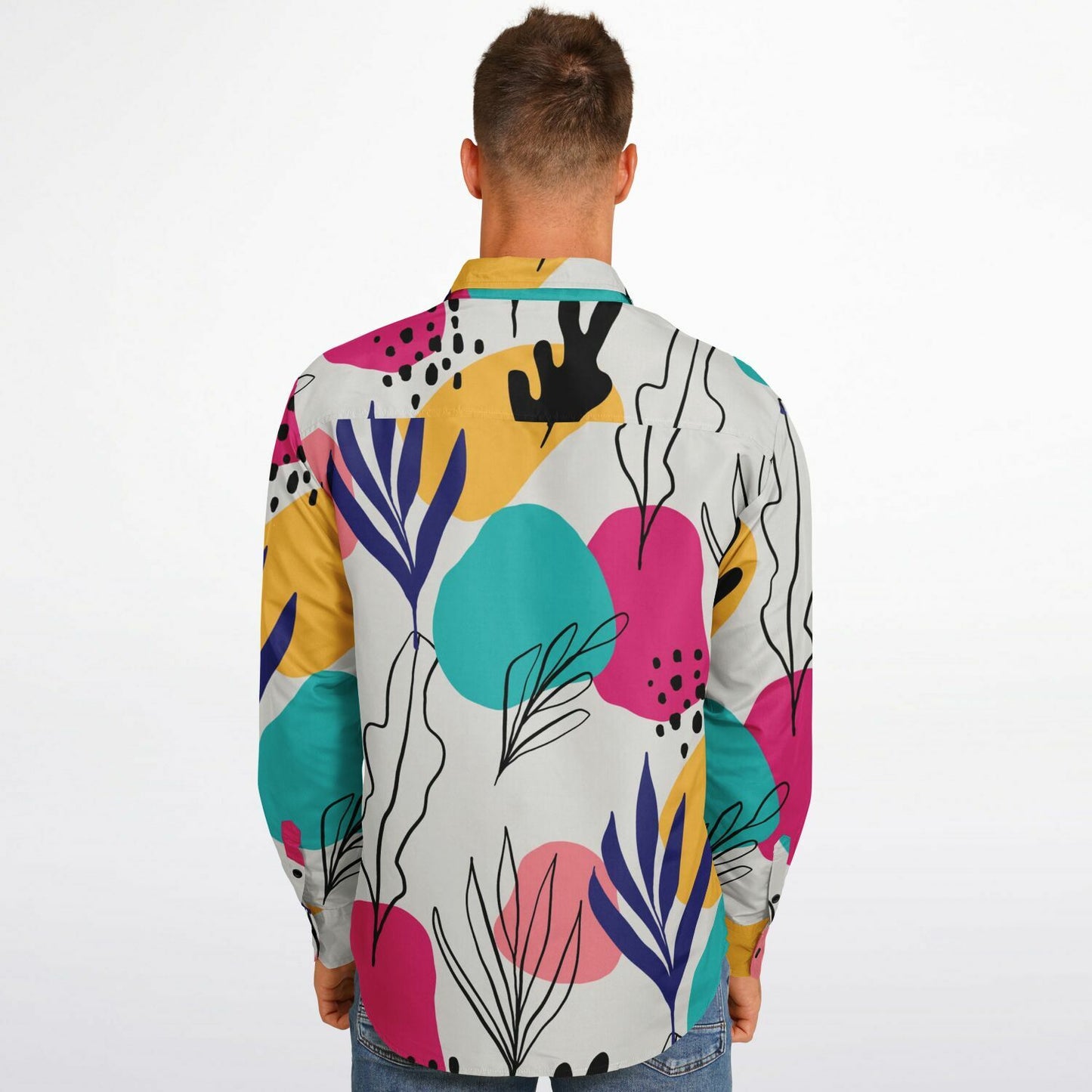 Abstract Floral Colored Pattern Long Sleeve Button Down Shirt - AOP