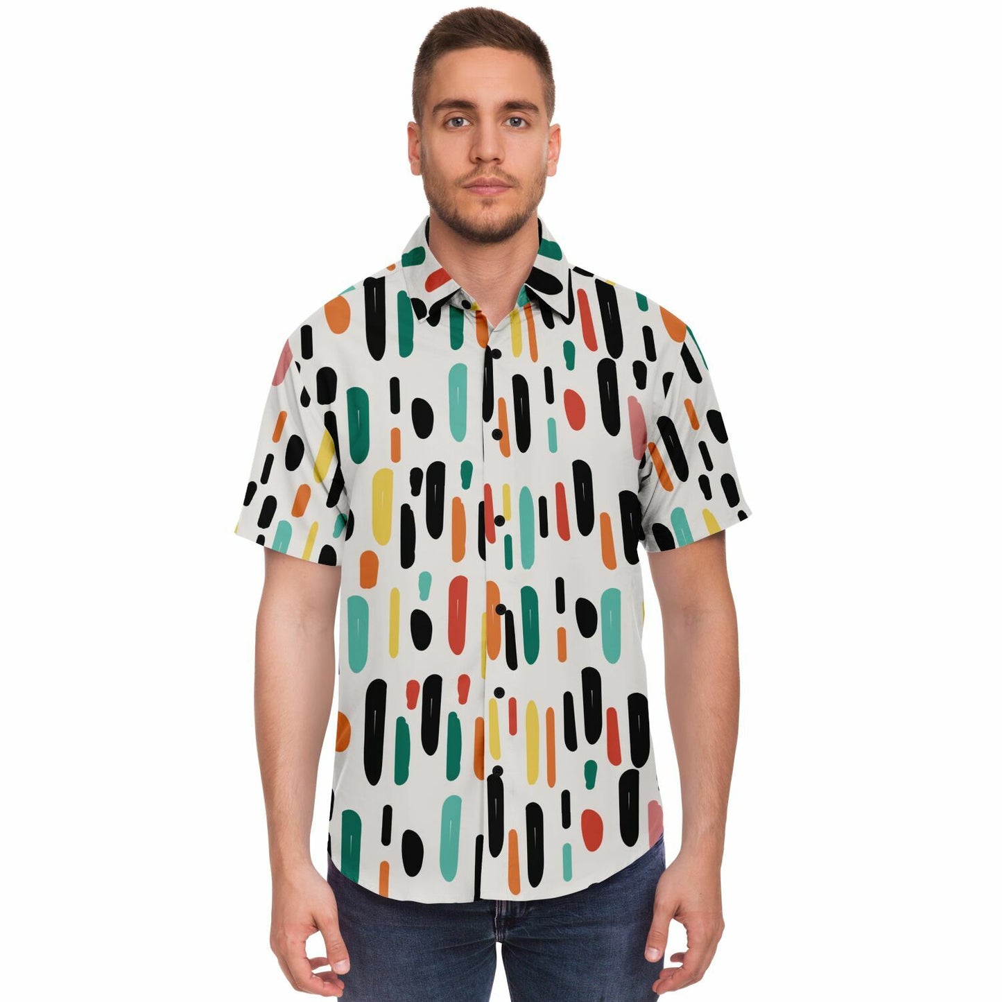 Colored Brush Strokes Abstract Short Sleeve Button Down Shirt - AOP