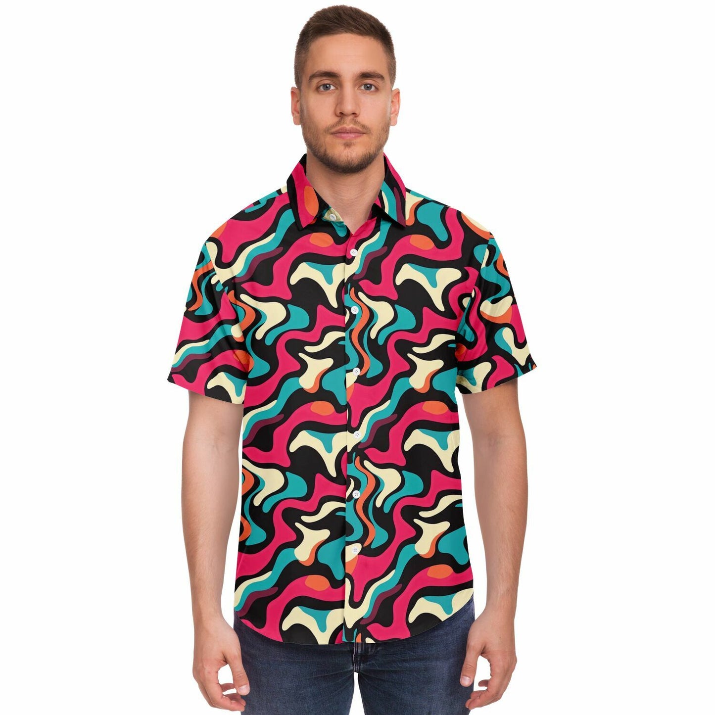 Red Blue Pattern Short Sleeve Button Down Shirt - AOP