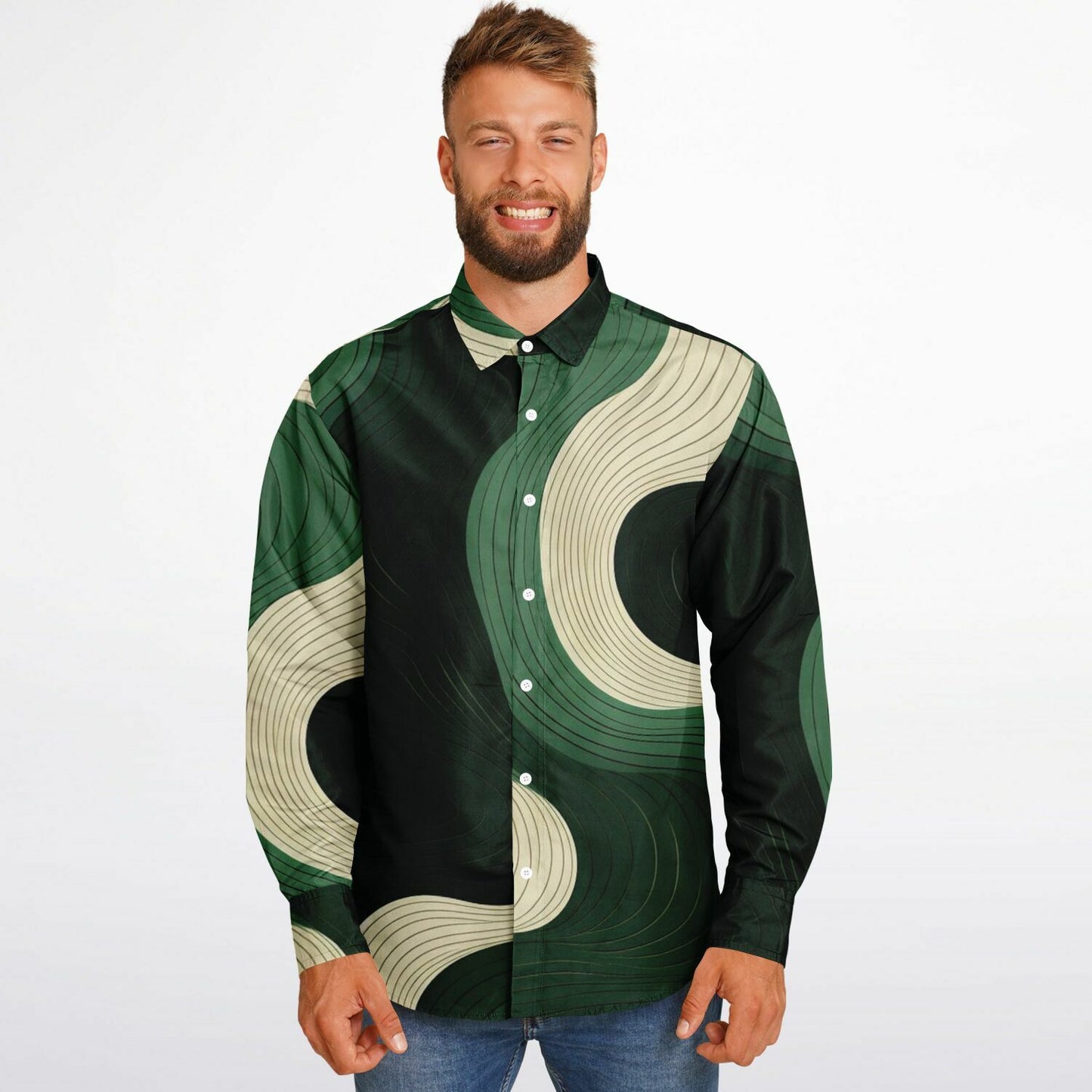 Royal Green Waves Pattern Long Sleeve Button Down Shirt - AOP