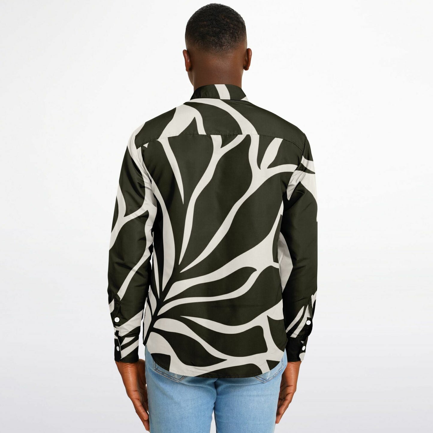 Black and White Leaves Pattern Long Sleeve Button Down Shirt - AOP