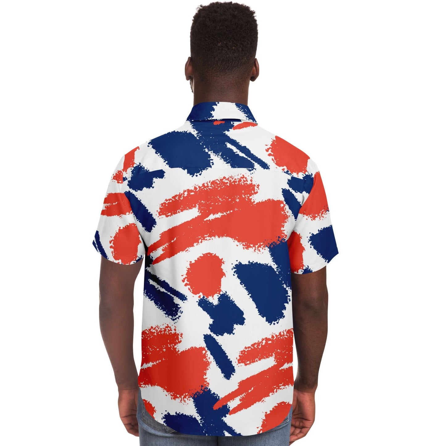 Red Blue Brushstroke Short Sleeve Button Down Shirt - AOP