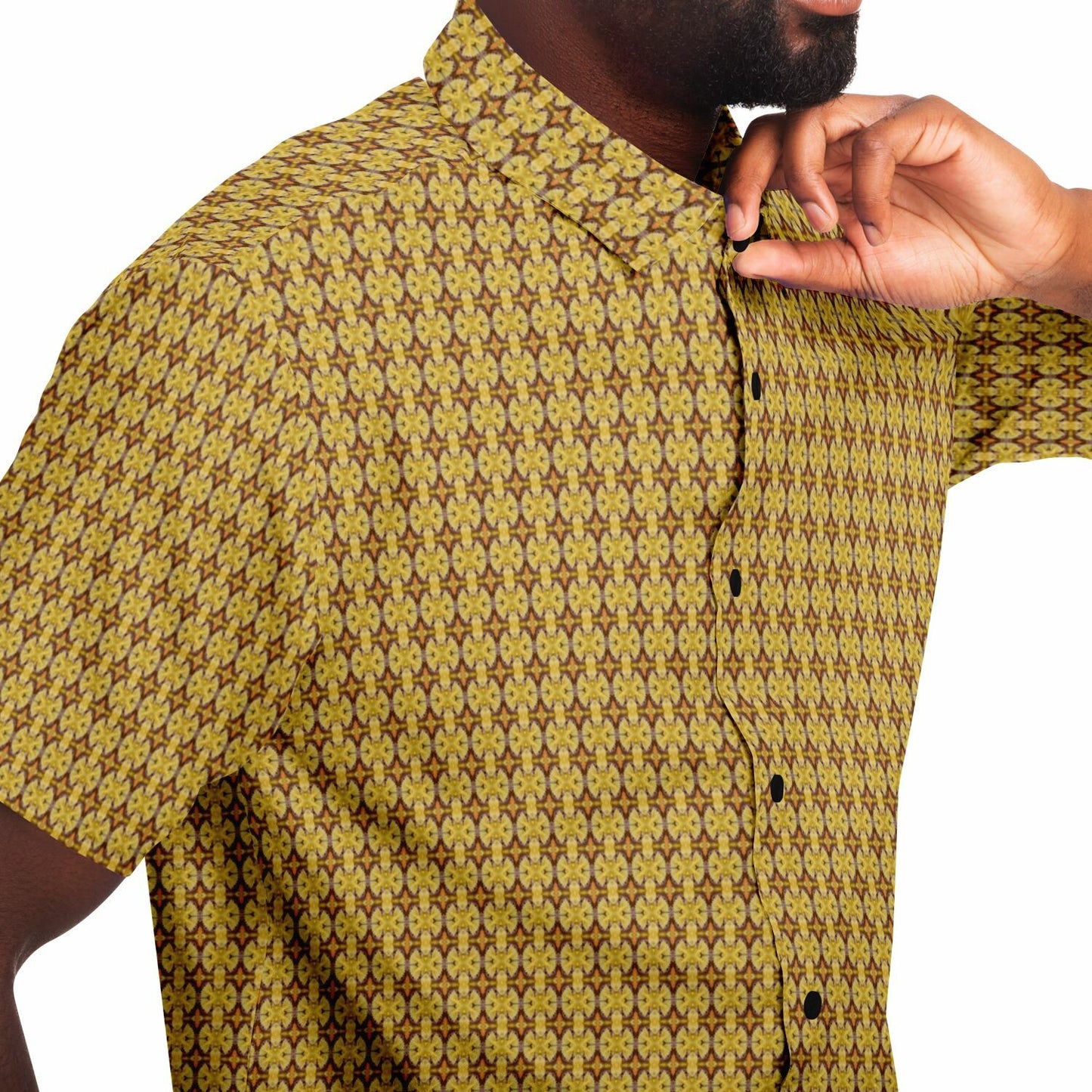 Unique Golden Pattern Short Sleeve Button Down Shirt - AOP