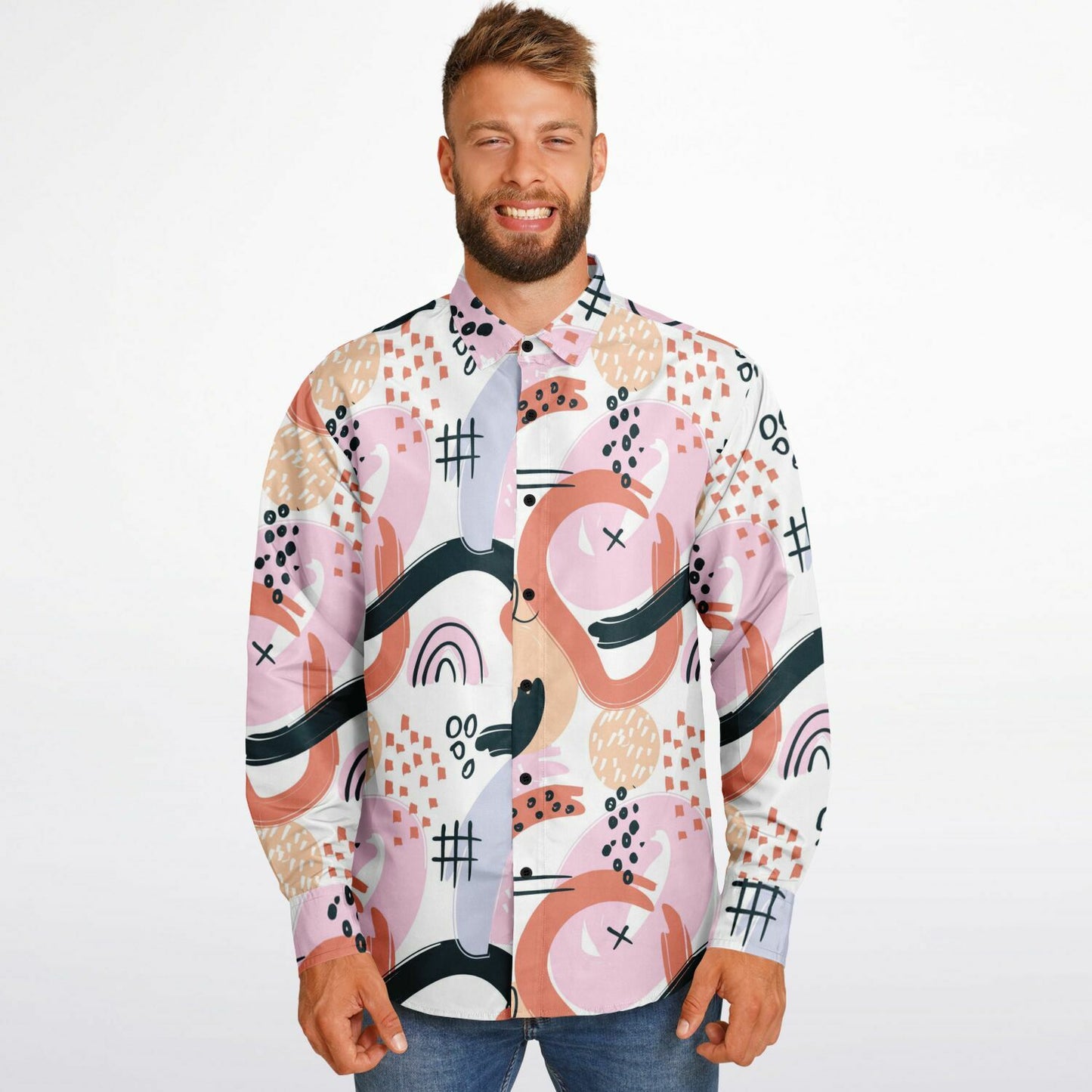Abstract Art Hand Drawn Long Sleeve Button Down Shirt - AOP
