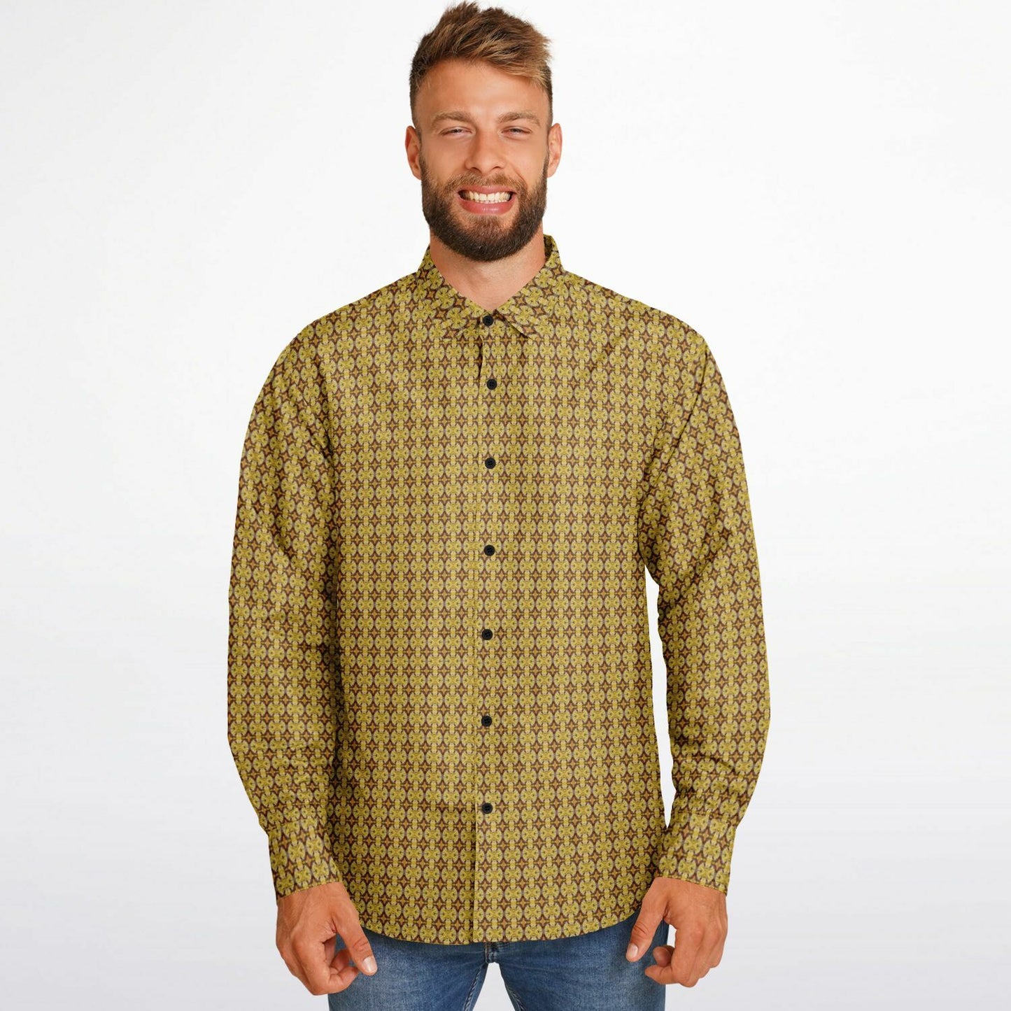 Unique Golden Pattern Long Sleeve Button Down Shirt - AOP