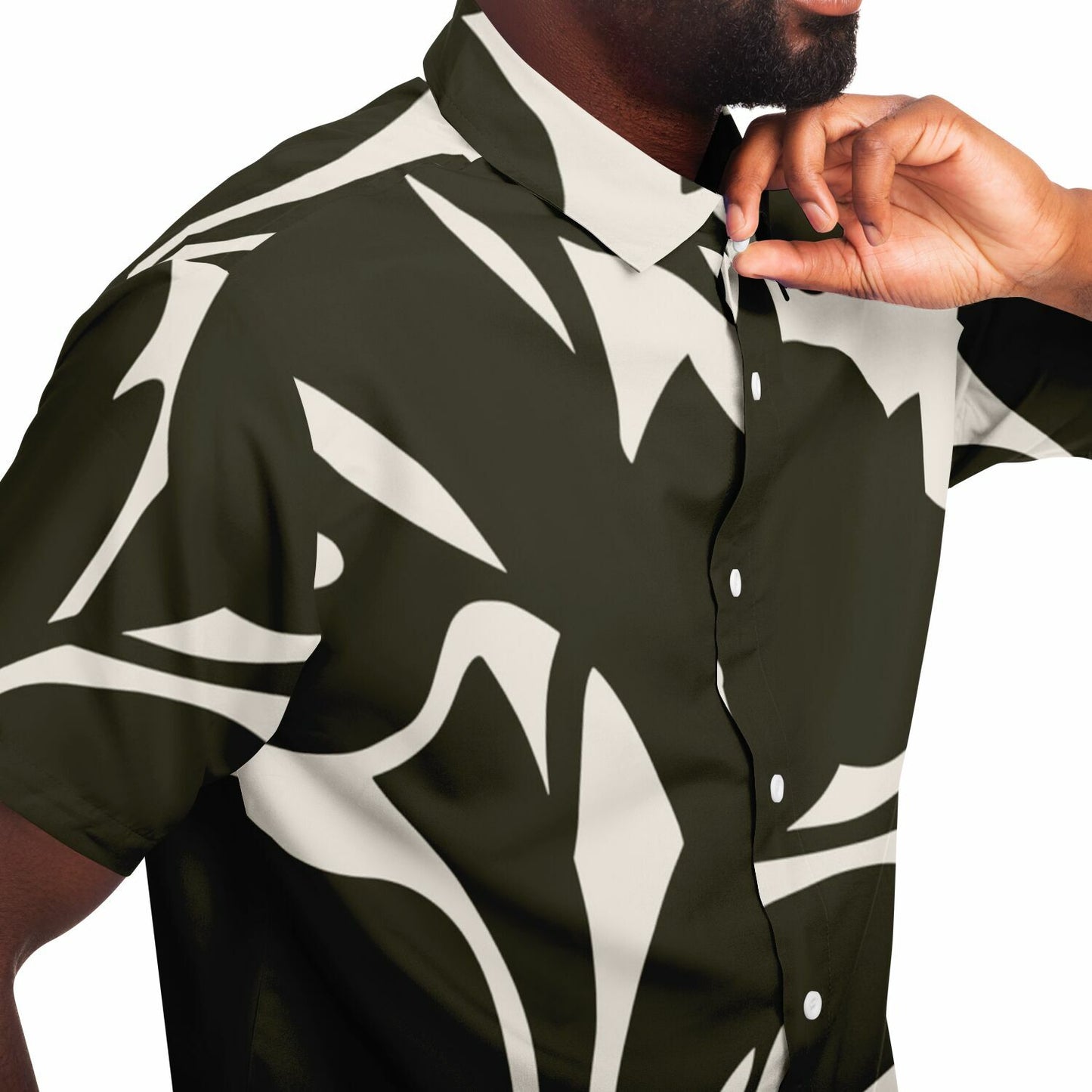 Black and White Leaves Pattern Short Sleeve Button Down Shirt - AOP