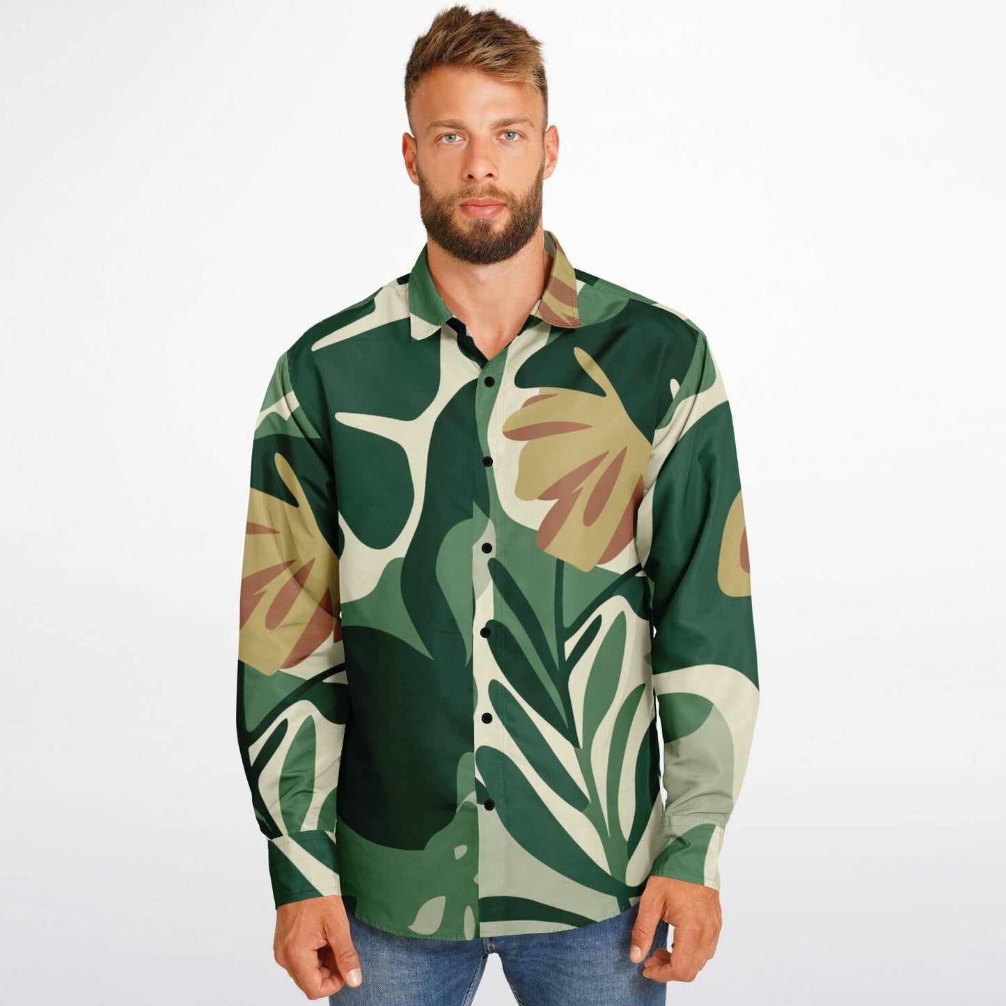 Floral Pattern Long Sleeve Button Down Shirt - AOP