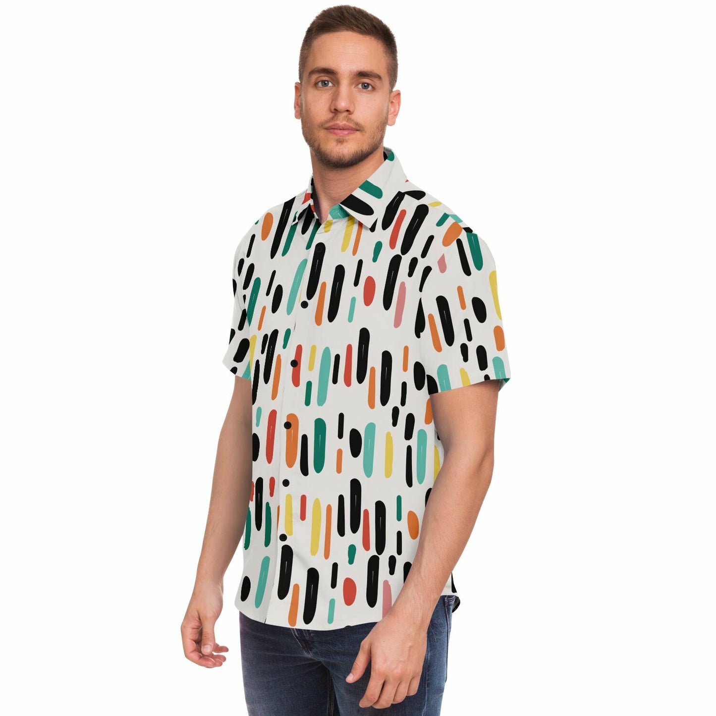 Colored Brush Strokes Abstract Short Sleeve Button Down Shirt - AOP