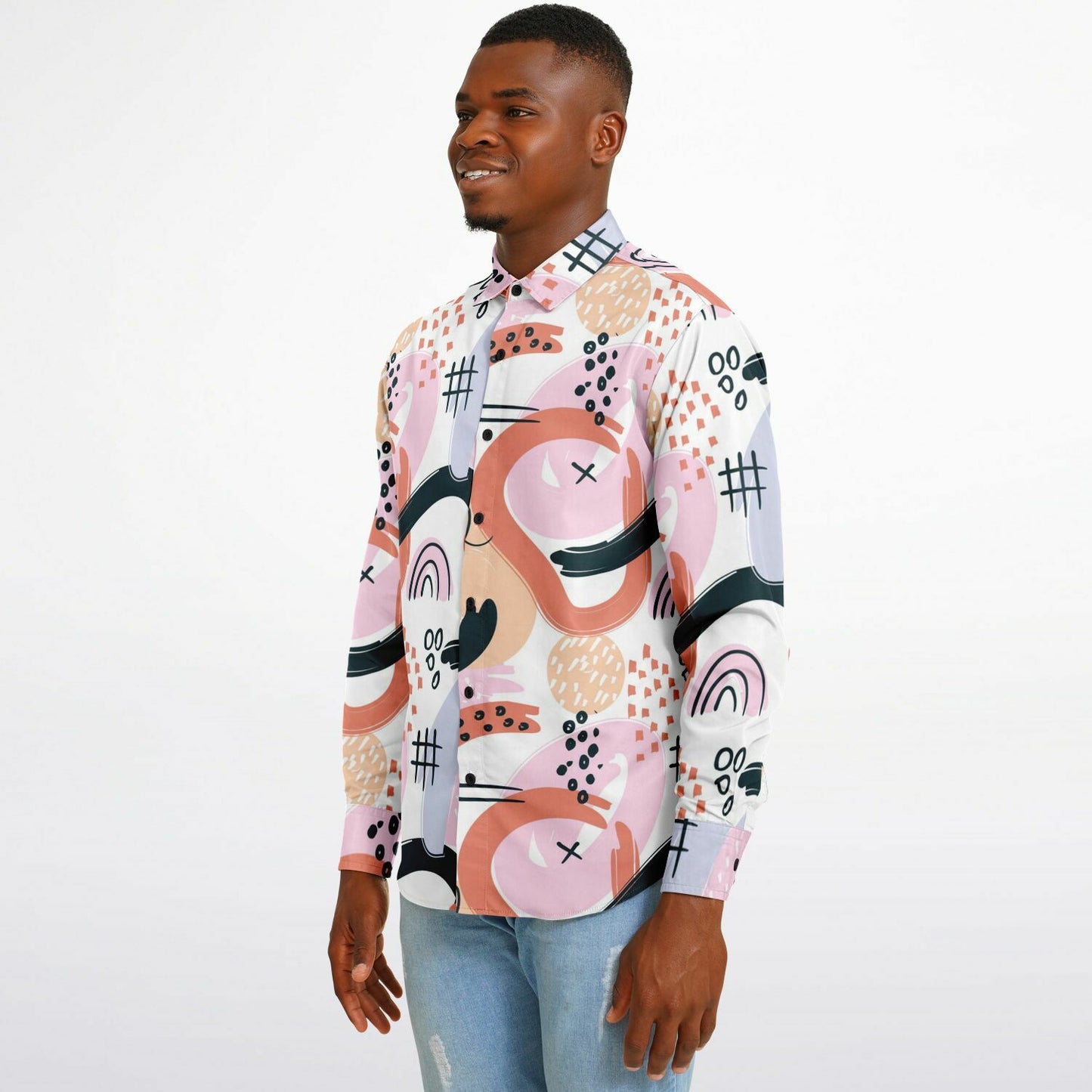 Abstract Art Hand Drawn Long Sleeve Button Down Shirt - AOP
