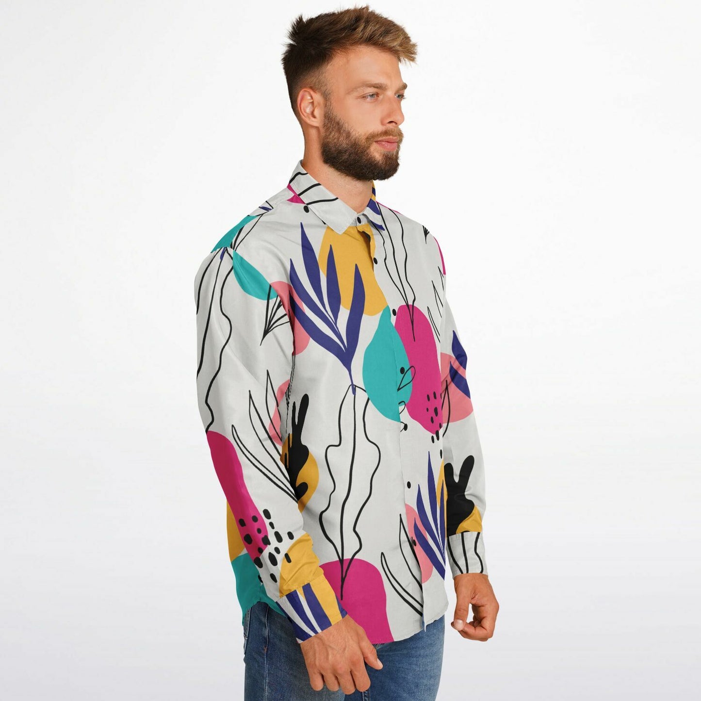 Abstract Floral Colored Pattern Long Sleeve Button Down Shirt - AOP