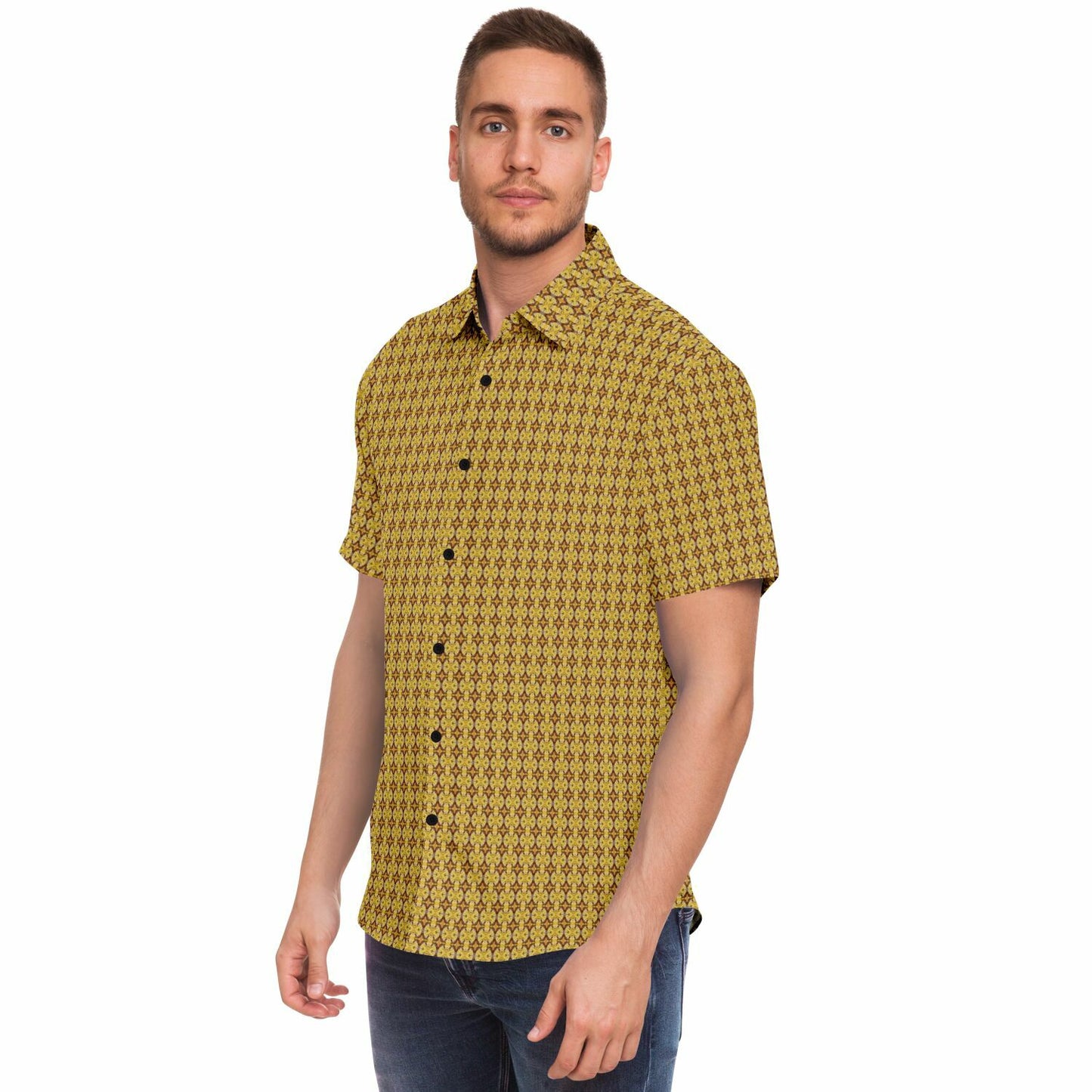 Unique Golden Pattern Short Sleeve Button Down Shirt - AOP