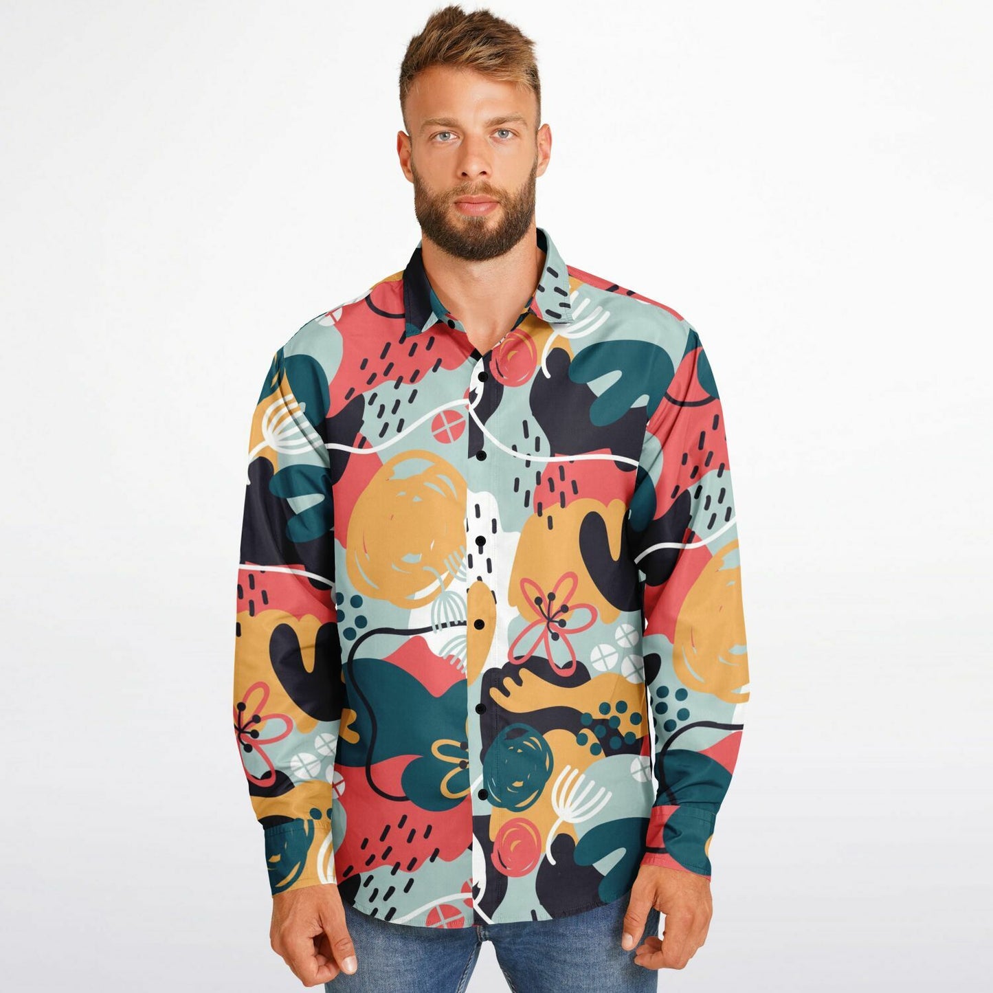 Abstract Pattern Long Sleeve Button Down Shirt - AOP